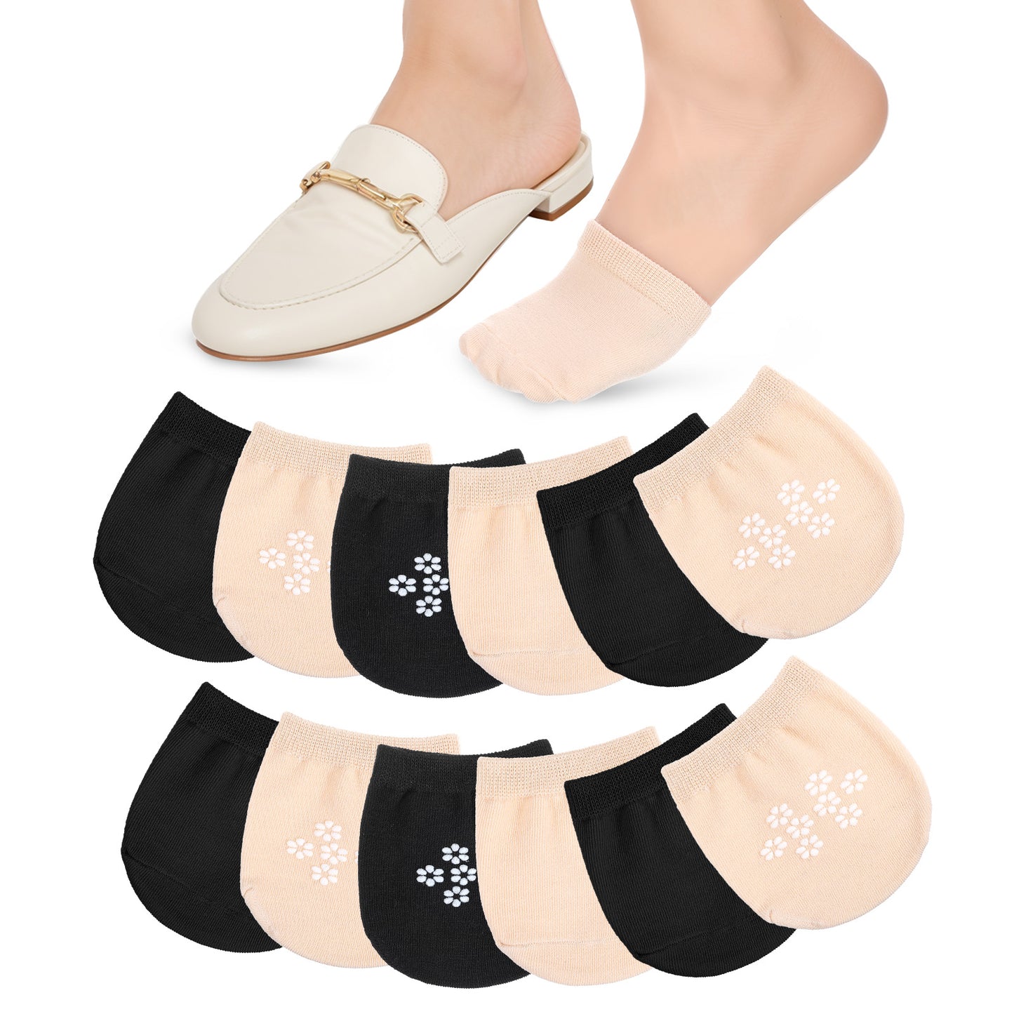 Ptwola Women No Show Toe Topper Socks Liner Half Socks Invisible Seamless Grip Non Slip Grip Sock Low Cut Hidden Tipi Toe Covers Sox for Flats Slingback Heels Mules Slides Sandal