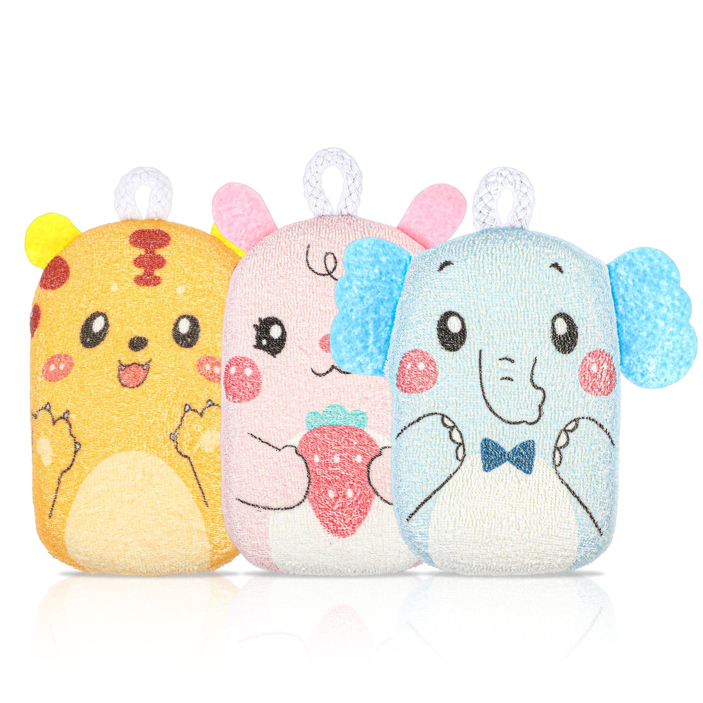 Sibba Bath Loofah Sponge, 3 Pcs Baby Sponge Body Scrubber, Cute Animal Pattern Design, Gentle Soft and Easy to Lather, Enjoy Your Bath Time(Tiger/Rabbit/Elephant)
