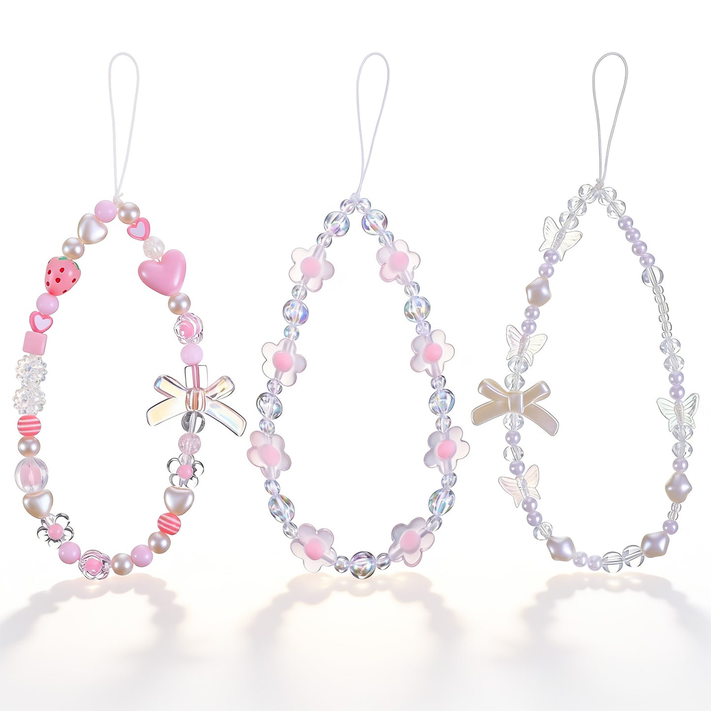 Gsbnjuy 3 Pcs Beaded Phone Wrist Straps Phone Camera Charm Cute Butterfly Bow Flower Lanyard Bracelet Aesthetic Lanyard Keychain Wristlet for Cellphone Bag Keychain Decor Accessories Valentine
