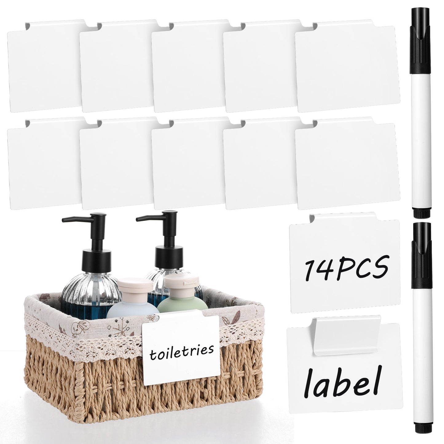 12 Pcs Basket Labels Clip with 2Pcs Pens Removable Basket Bin Label Kitchen Clip Label Holder Plastic Storage Bins Labels Clips On Hanging Bin Clips for Pantry Organization Box Wire Shelf Cubes