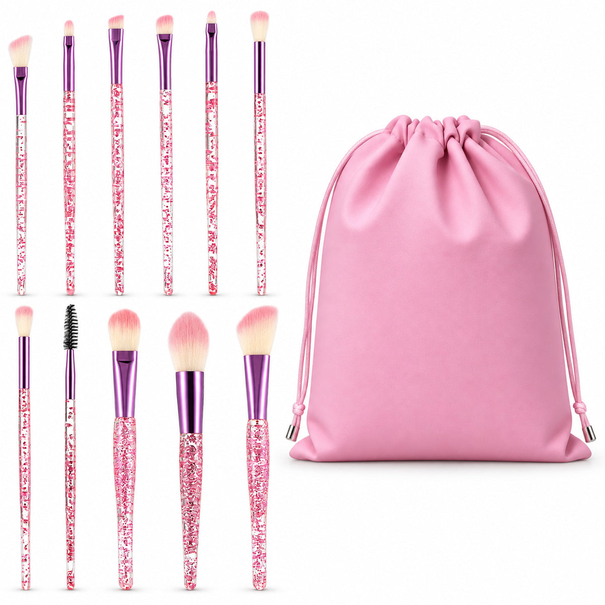 10pcs Cute Makeup Brushes Crystal Glitter Pink Makeup Brushes & Velvet Bag