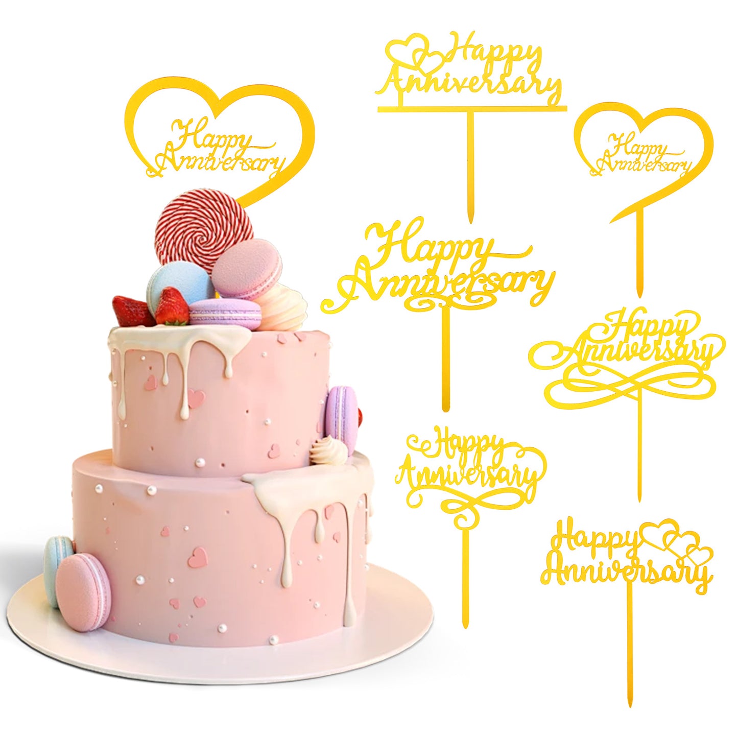 6 Pcs Happy Birthday Cake Toppers Golden Cake Top Decoration Side Decor Banner Sign Acrylic Caketopper Inserts Mirror Cake Decorating Supplies for Party Anniversary Desserts Pastries