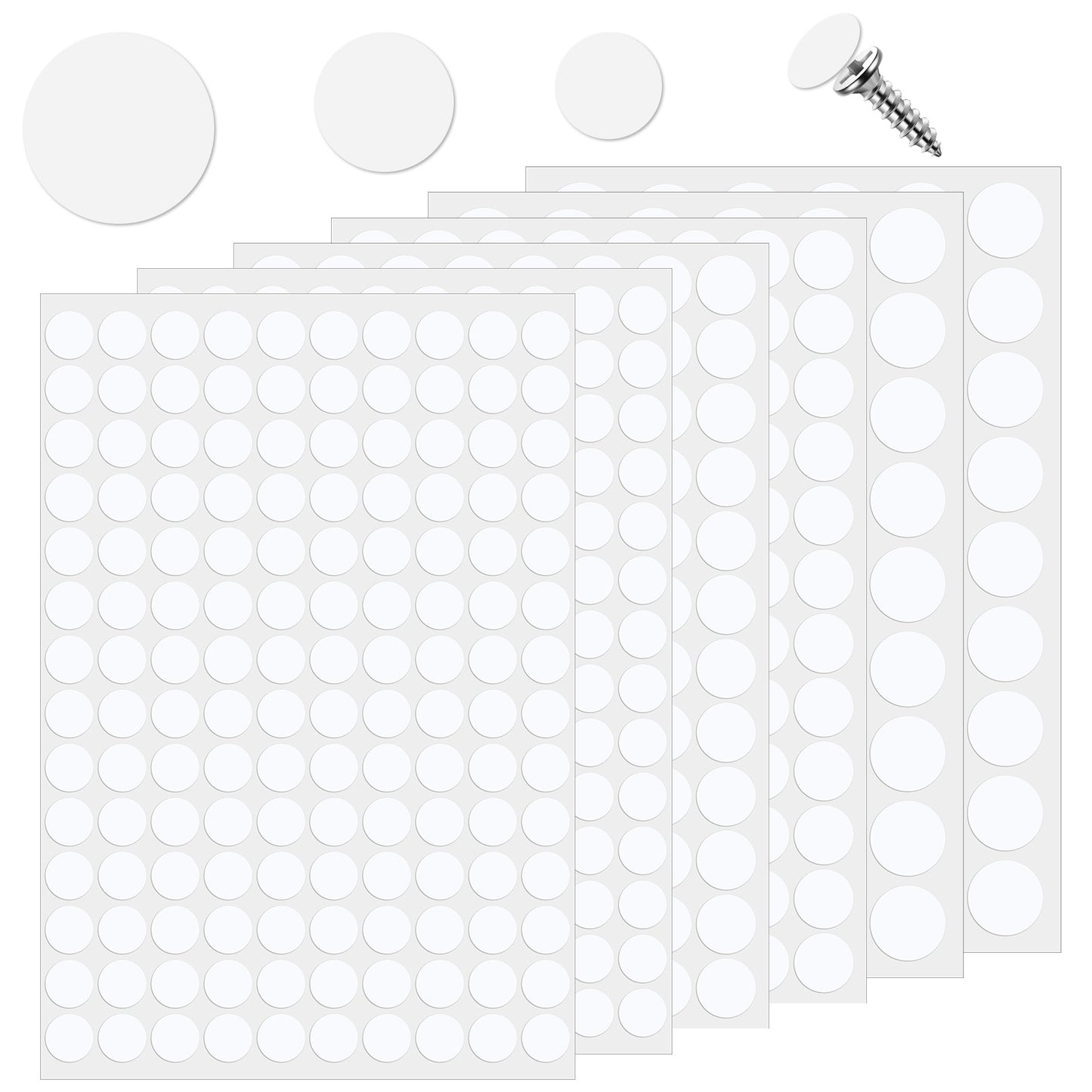 Gjinxi 290 Pcs Self-Adhesive Screw Cover Stickers, PVC Screw Hole Cover Caps 12 mm/15 mm/21 mm Dustproof Sticky Decals for Furniture, Cabinet, Drawers, Desks (6 Sheets)