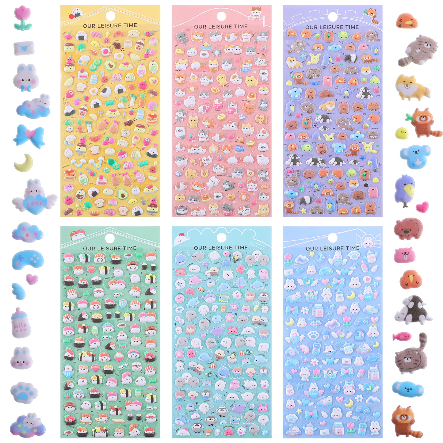 Wanmu 6 Sheets Mini Puffy Stickers, Cute Kawaii Small 3D Stickers for Kids and Adults, Removable Tiny Micro Sticker Includes Japanese Cartoon Animal for Phone Case Notebook Scrapbooking Craft Gift