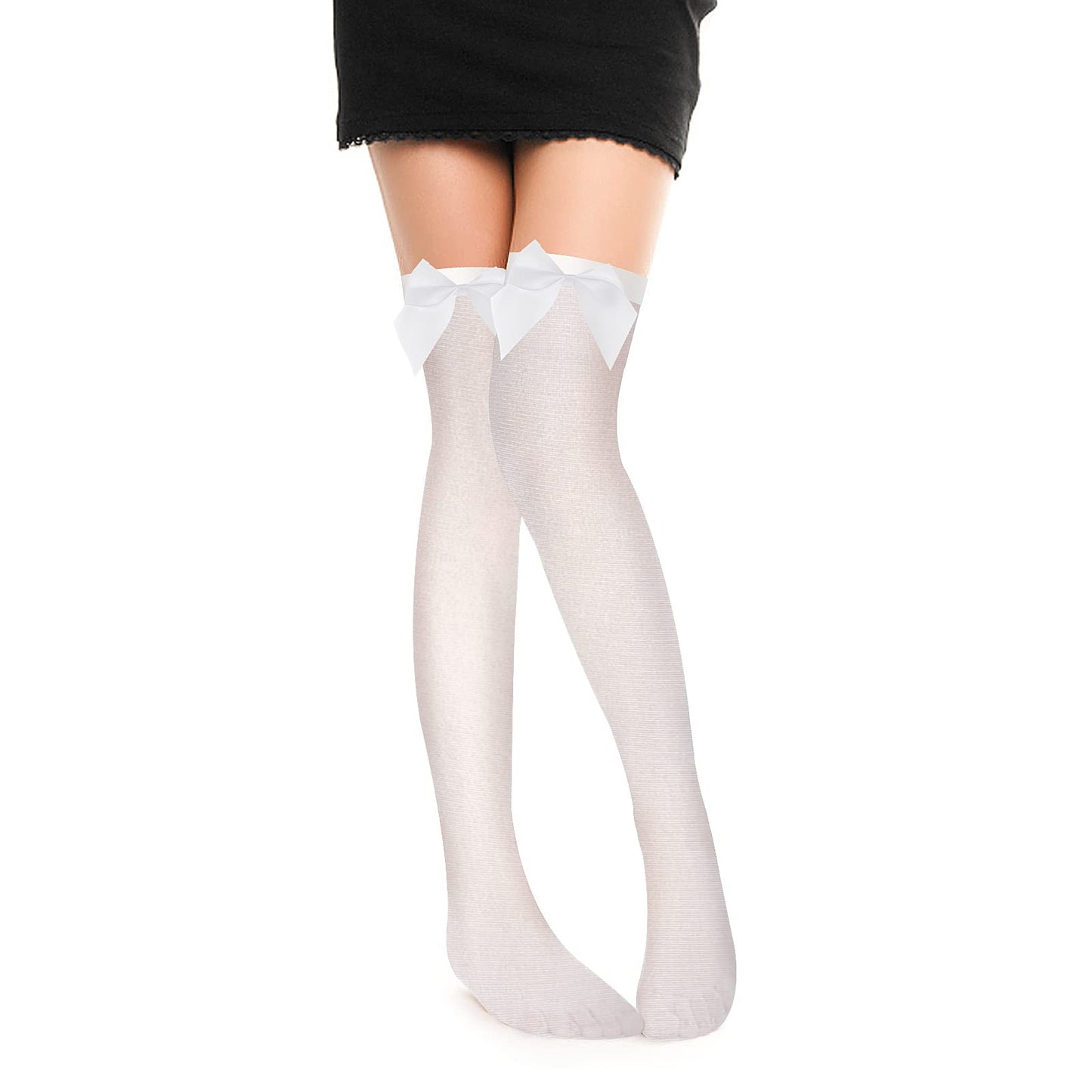 Sibba High Knee Socks Long Stockings 1 Pair White Lace Bow Tights Exotic Hosiery Apparel Garters Christmas Halloween Easter Cosplay Party Women Girl Dress