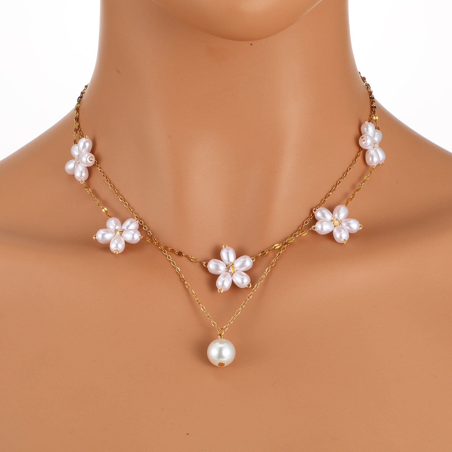 Wanmu Gold Pearl Necklaces for Women, Trendy Layered Pearl Flower Necklace Stack Chain, Cute Simple Herringbone Choker Pendant Dainty Accessories for Women Jewelry Gifts - Gold