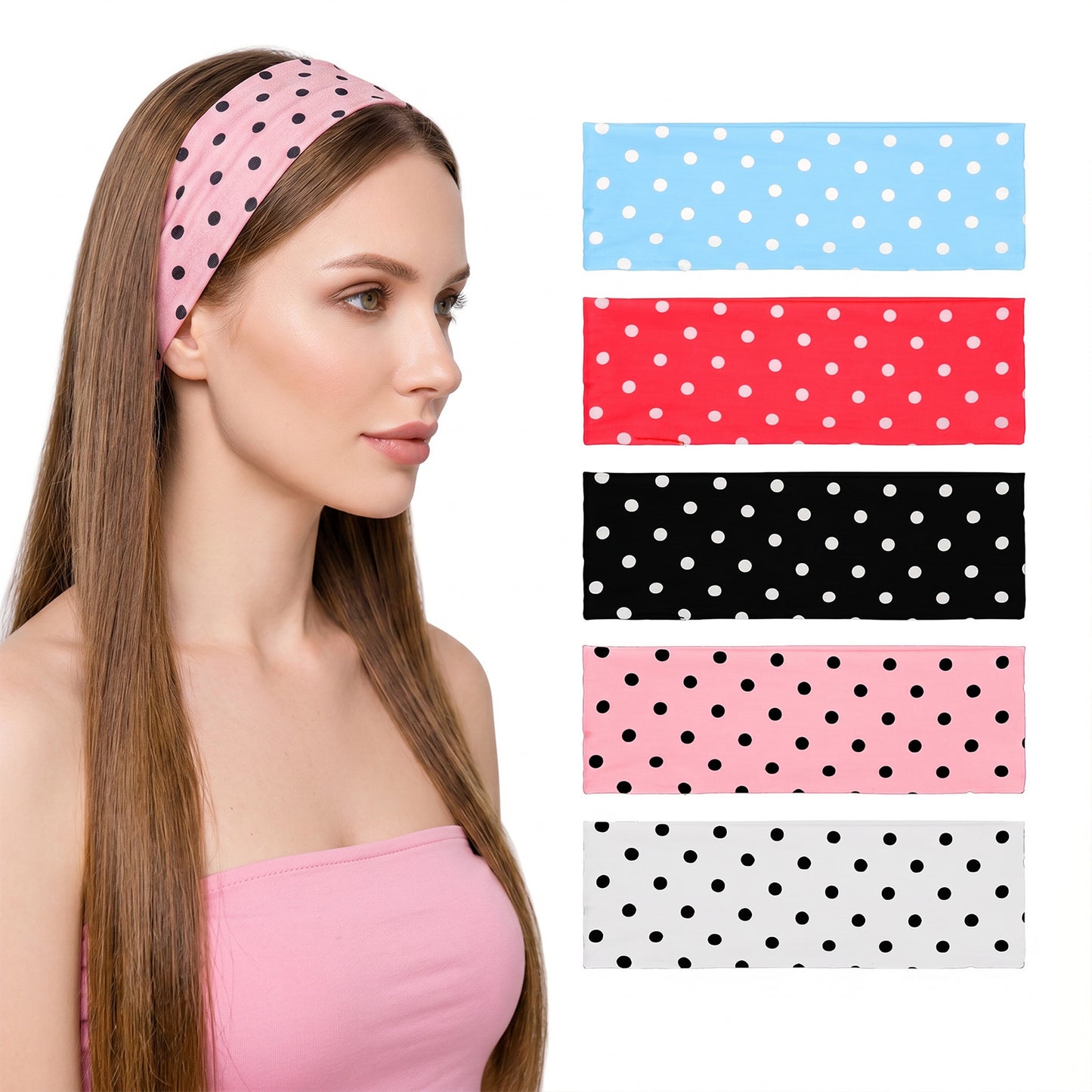 YUXIANLB 5PCS Polka Dot Headband, Ladies' Headband Non Slip Soft Wide Fabric Hairbands Elastic Stretchy Yoga Hair Accessories & Breathable Hairbands for Hairstyles & Daily Outfits