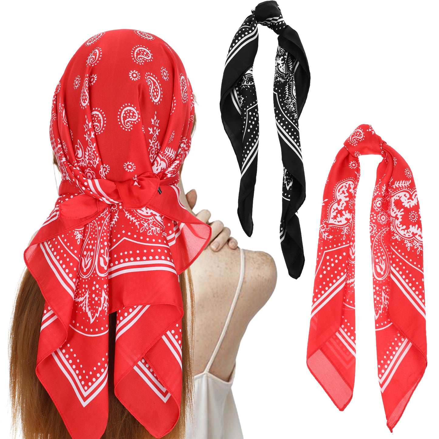 COMNICO 27.5 Inches Satin Head Scarf 2 Pcs Hair Scarf Like Silk Scarf Square Scarf Bandanas Silk Hair Wrap Square Scarf for Women Girls