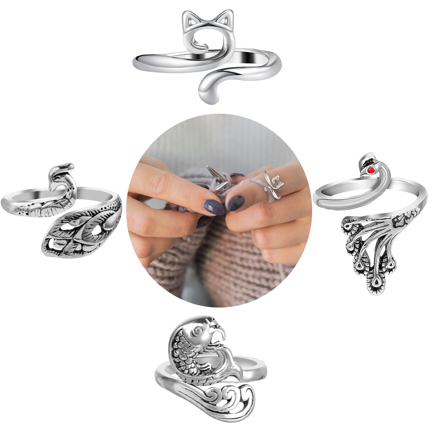 Dimeho 4 PCS Crochet Ring Knitting Crochet Loop Ring for Fingers Adjustable Metal Open Yarn Guide Knitting Tension Rings Braided Faster Knitting Thimbles for DIY Craft Mother Grandma Gifts