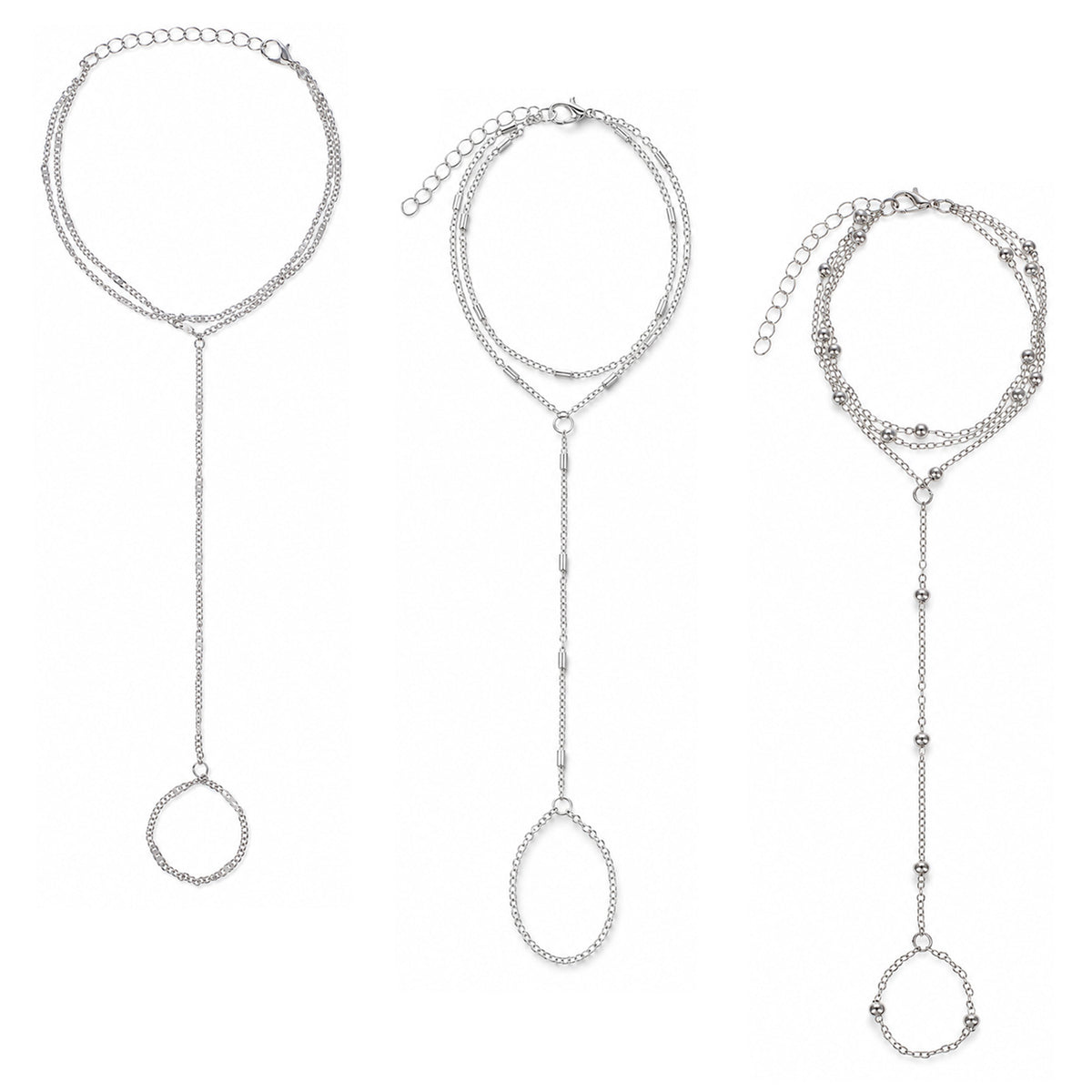 KFHENSOMR Silver Hand Chain Bracelets, 3 Pcs Adjustable Ring Hand Chain