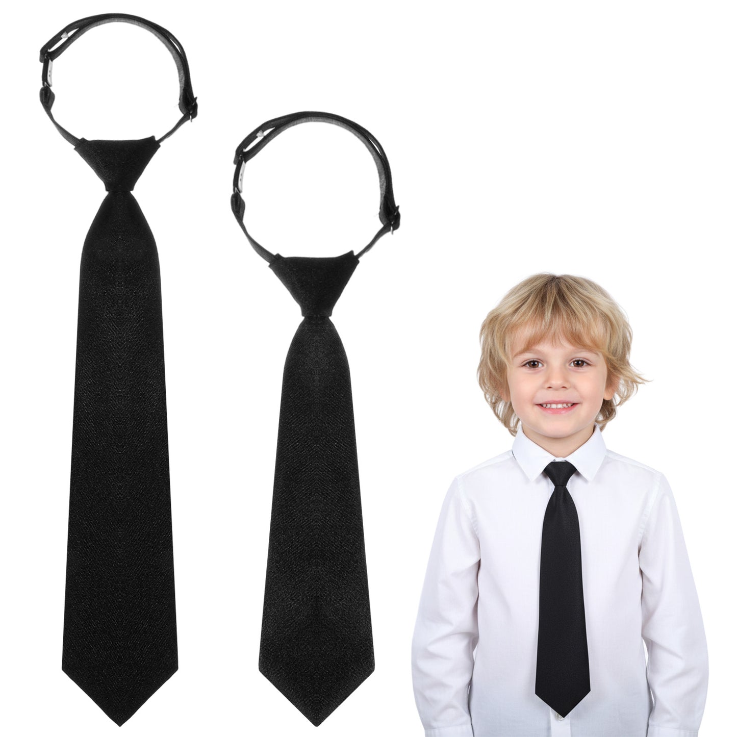 Sibba 2PCS Adjustable Solid Color Necktie Self-Tied Black Tie Neckties, Pre-tied Buckle Closure Neckties Ties for Wedding Graduation Party (14.57"/12.99”)