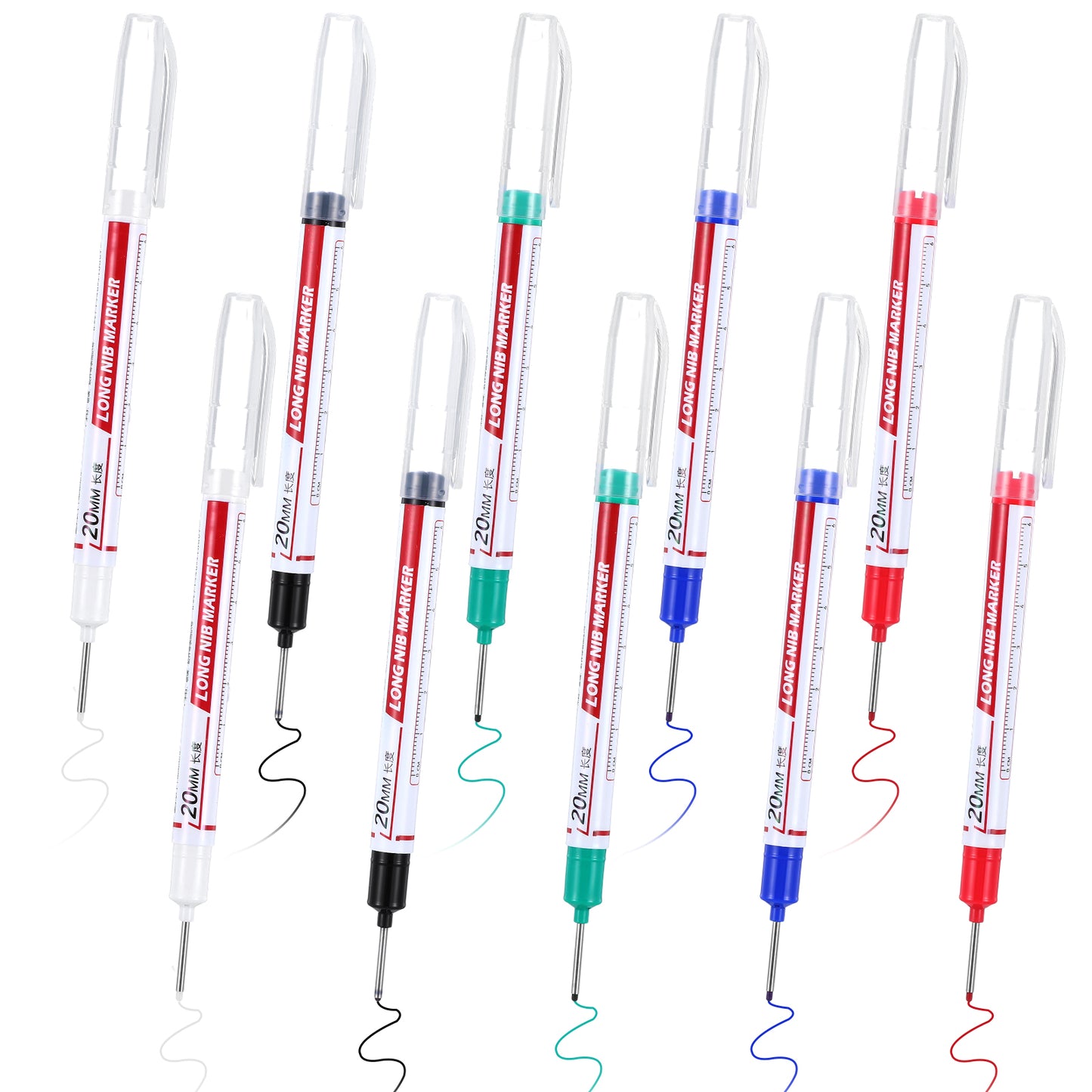 Wanmu 10Pcs Long Head Deep Hole Marker 20mm Waterproof Long Nib Marking Tool Multi-Purpose Deep Drill Long Nose Quick-Dry Markers for Construction Bathroom Woodworking