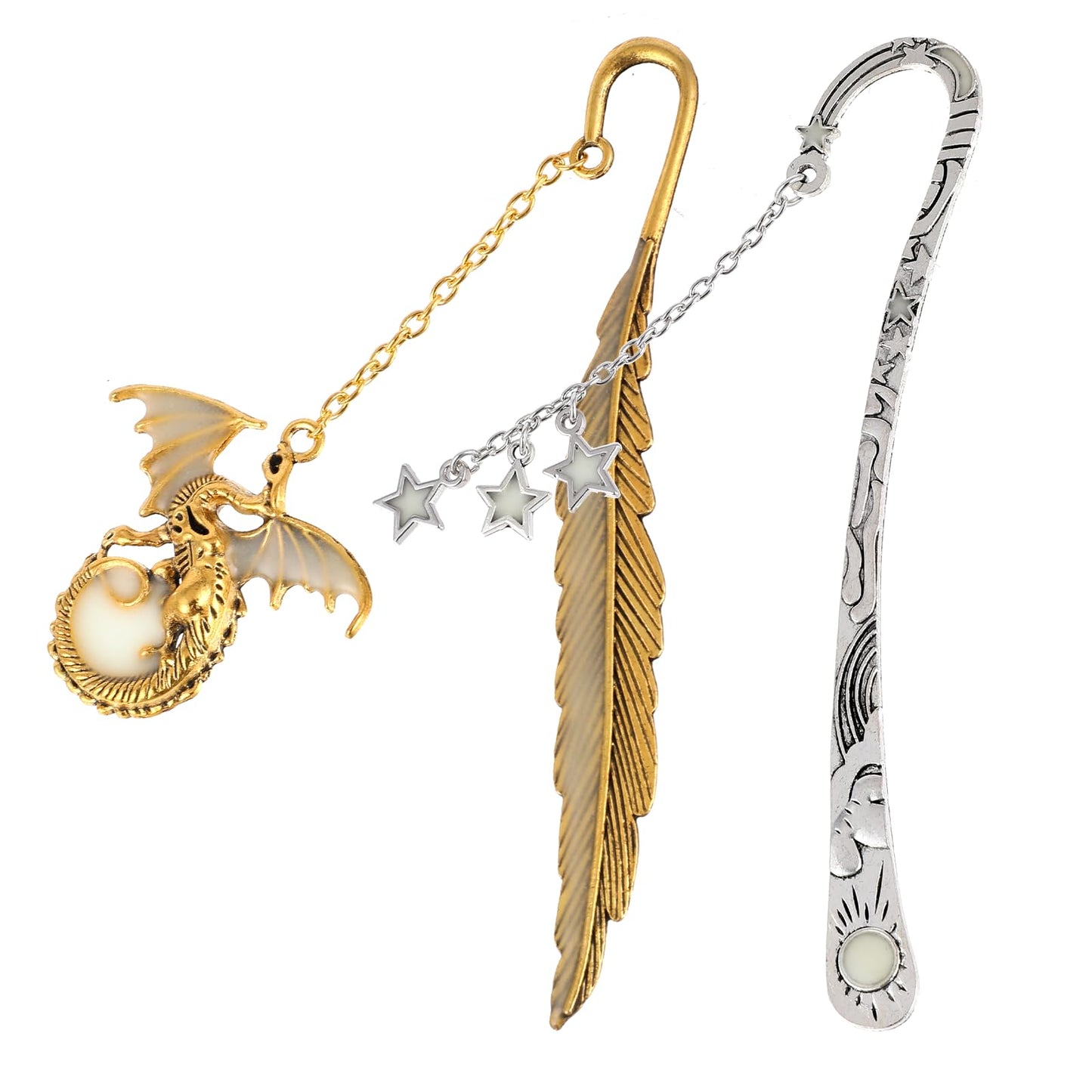 Dimeho 2 Pcs Luminous Bookmark Antique Carved Hook Book Mark Glow in The Dark Moon Stars Dragon Feather Embossed Page Markers Pendant Reading Accessories for Readers Bookworm DIY Crafting