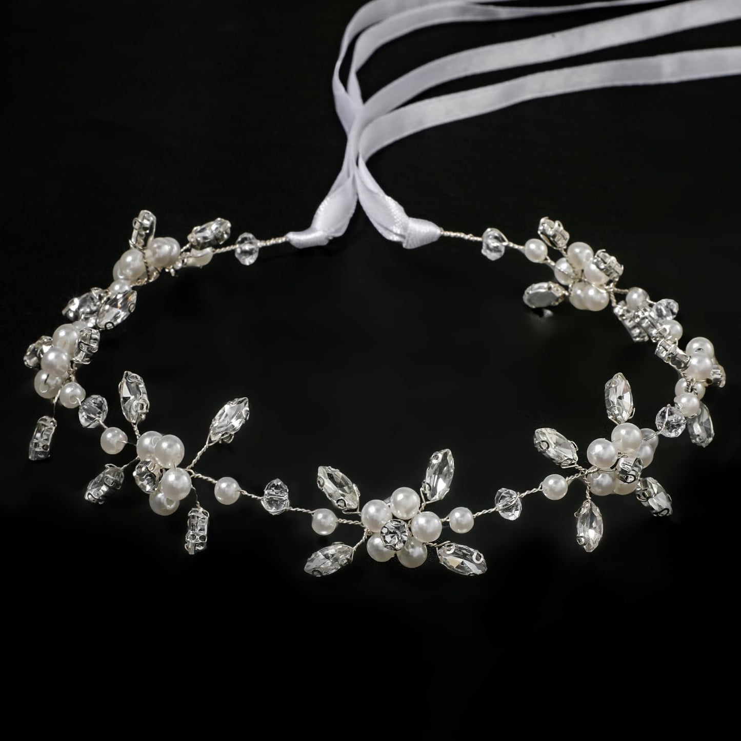 Sibba Flower Girl Headpiece Silver Wedding Headband Pearl Hair Accessory Princess Crystal Head Wear Women White Rhinestones Hairbands Bridal Hair Hoop for Birthday Party First Communion