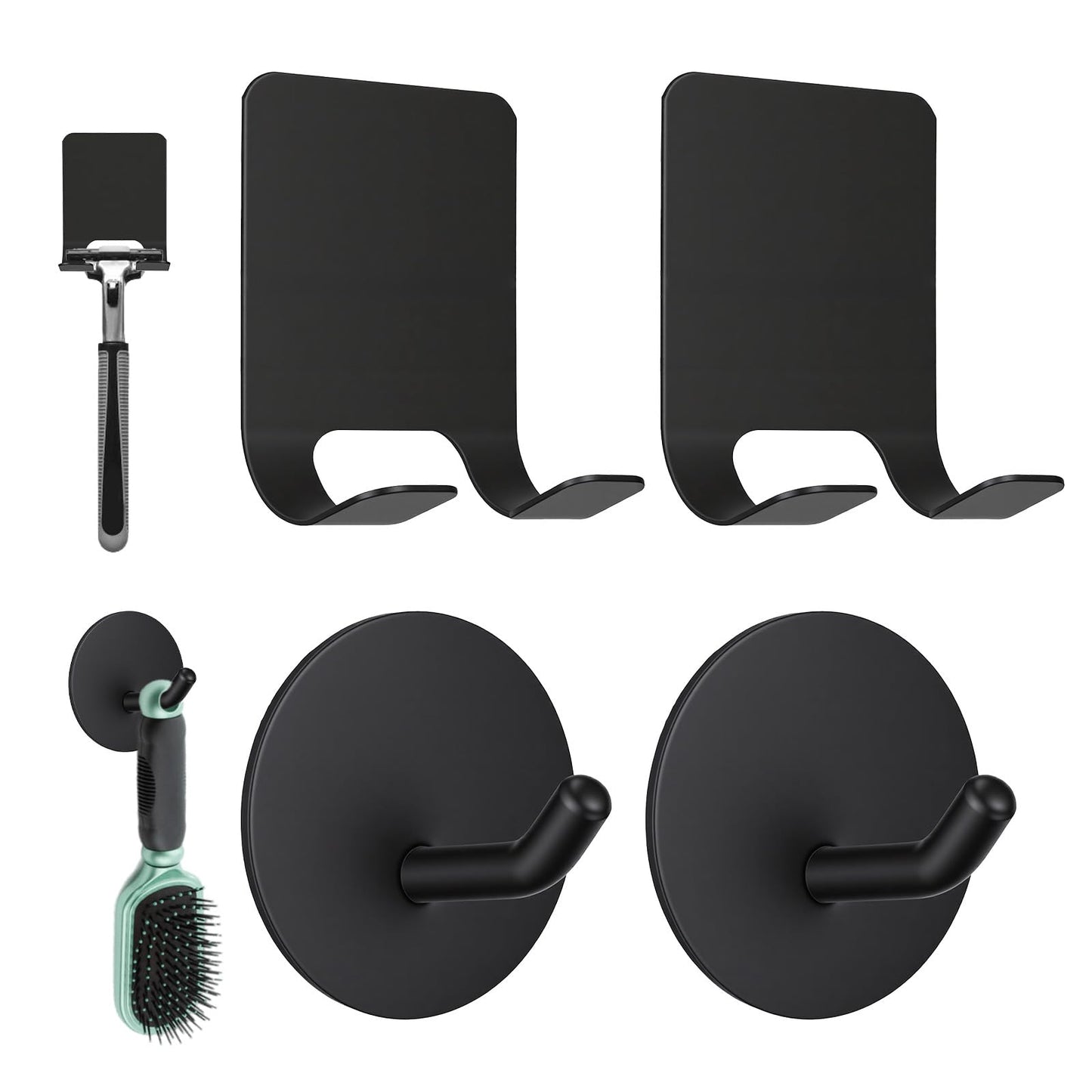 Qianyu Razor Holder Stainless Steel Shower Hooks + Heavy Duty Adhesive Waterproof Wall Hooks Bathroom for Razor Loofah Sponge Towels Coats Hats (4 Pack) - Black