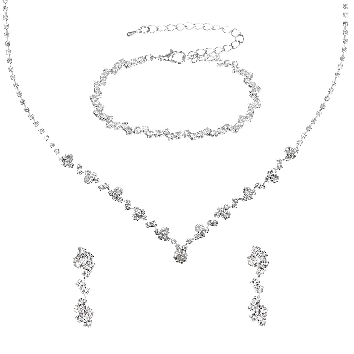 Gjinxi 3-Piece Rhinestone Jewelry Set for Women - Crystal Wedding Necklace, Earrings & Bracelet Kit for Bride, Bridesmaid, Prom, Party Costume Jewelry, One Size, Zinc Alloy + Rhinestones, No Gemstone