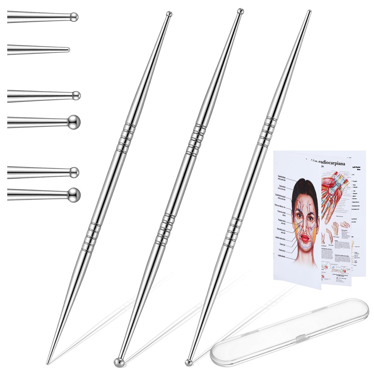 QFGasre 3 Pack Acupuncture Pens Stainless Steel Face Reflexology Massage Tool Dual Head Ear Acupressure Body Point Massager Tool