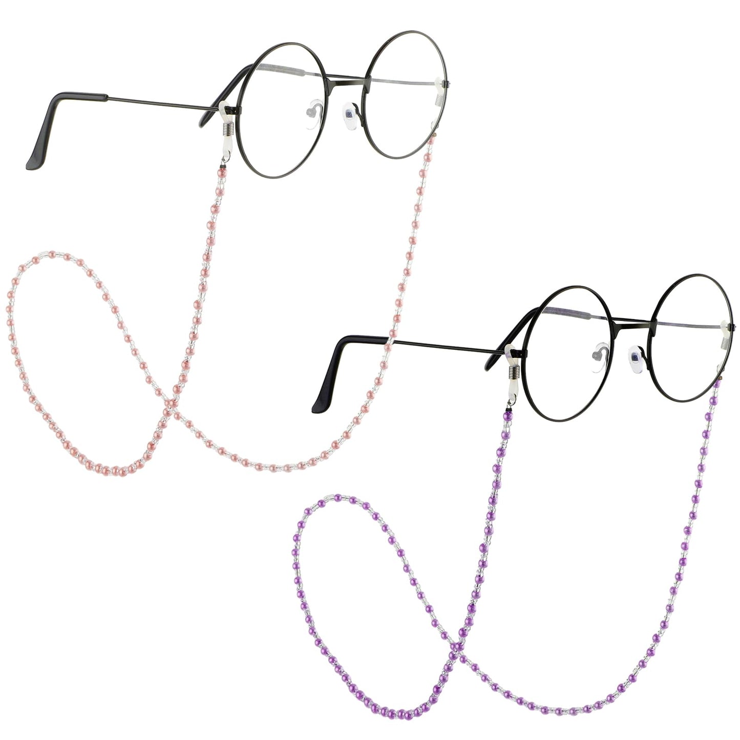 Sibba Eye Glasses Strap Chain 2 PCS Anti-Slip Eyeglasses Grip Holders Clasp Hold Around Neck Old Lady Women Grandma Chains Goth Costume Necklace Pearl Lanyard Sunglasses Reading Eyewear(Pink/Purple)