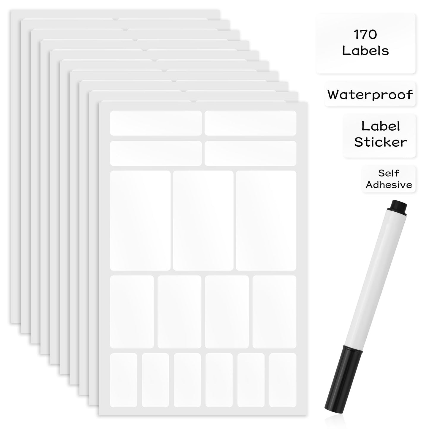 171Pcs Removable Labels for Jars Food or Spice Label with Marker White Waterproof Mason Jar Labels Food Container Clear Label Stickers Small Labels for Storage Bins for Home Organization Bottles