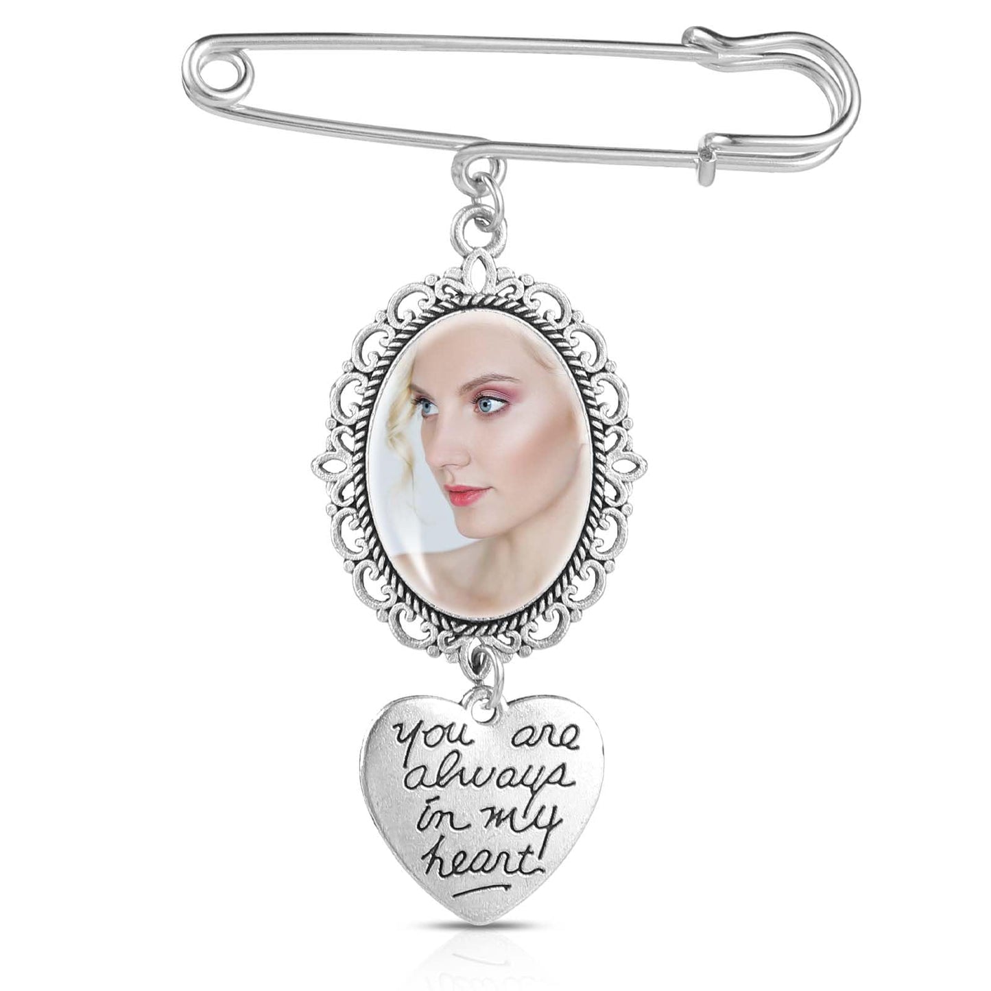 COMNICO Wedding Bouquet Photo Charm Lacy Frame Charm DIY Pin Brooch Making Kit Single Oval Glass Cabochons Picture Frame with Heart Pendant for Wedding Memory Funeral