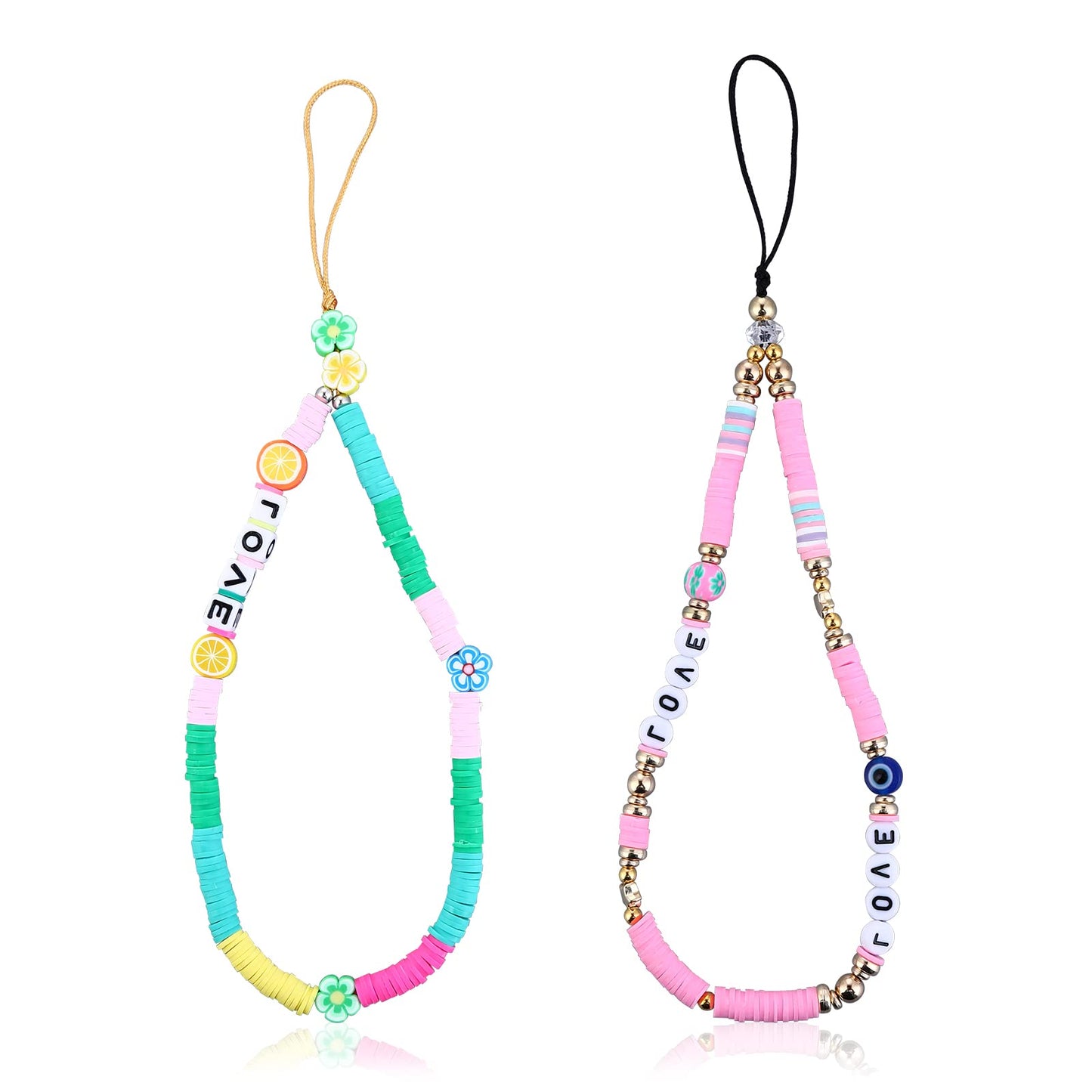Sibba 2Pcs Phone Charms Beaded Phone Chain Rainbow Clay Beads Mobile Phone Lanyard String Keychain Evil Eye Love Flower Wrist Strap Bead Phone Chains Accessories For Women Girls (Style 2 phone charm)