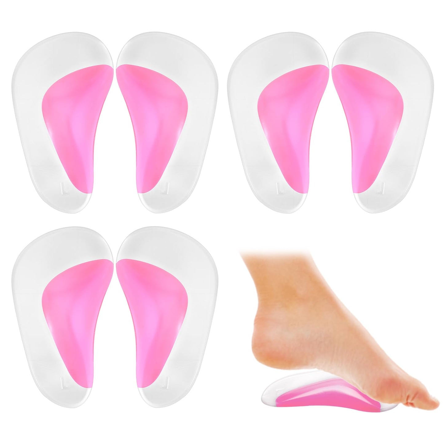 Sibba 3 Pairs Gel Arch Support Insoles, Orthotic Insoles Silicone Orthopedic Foot Insoles Arch Support Insoles Plantar Fasciitis Shoe Arch Support Gel High Heel Inserts Cushion Pads (Pink)
