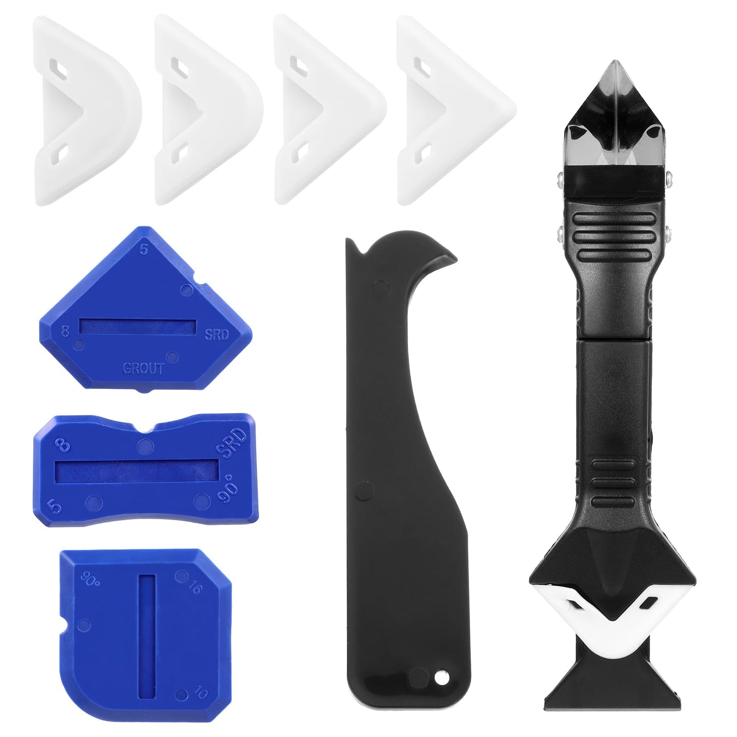 Wanmu Silicone Caulking Tools, 3 in 1 Finishing Grout Removal Tool Caulk Remover Tool with 5 Silicone Pads Glass Glue Angle Scraper for Window Kitchen Bathroom Floor Sink Joint