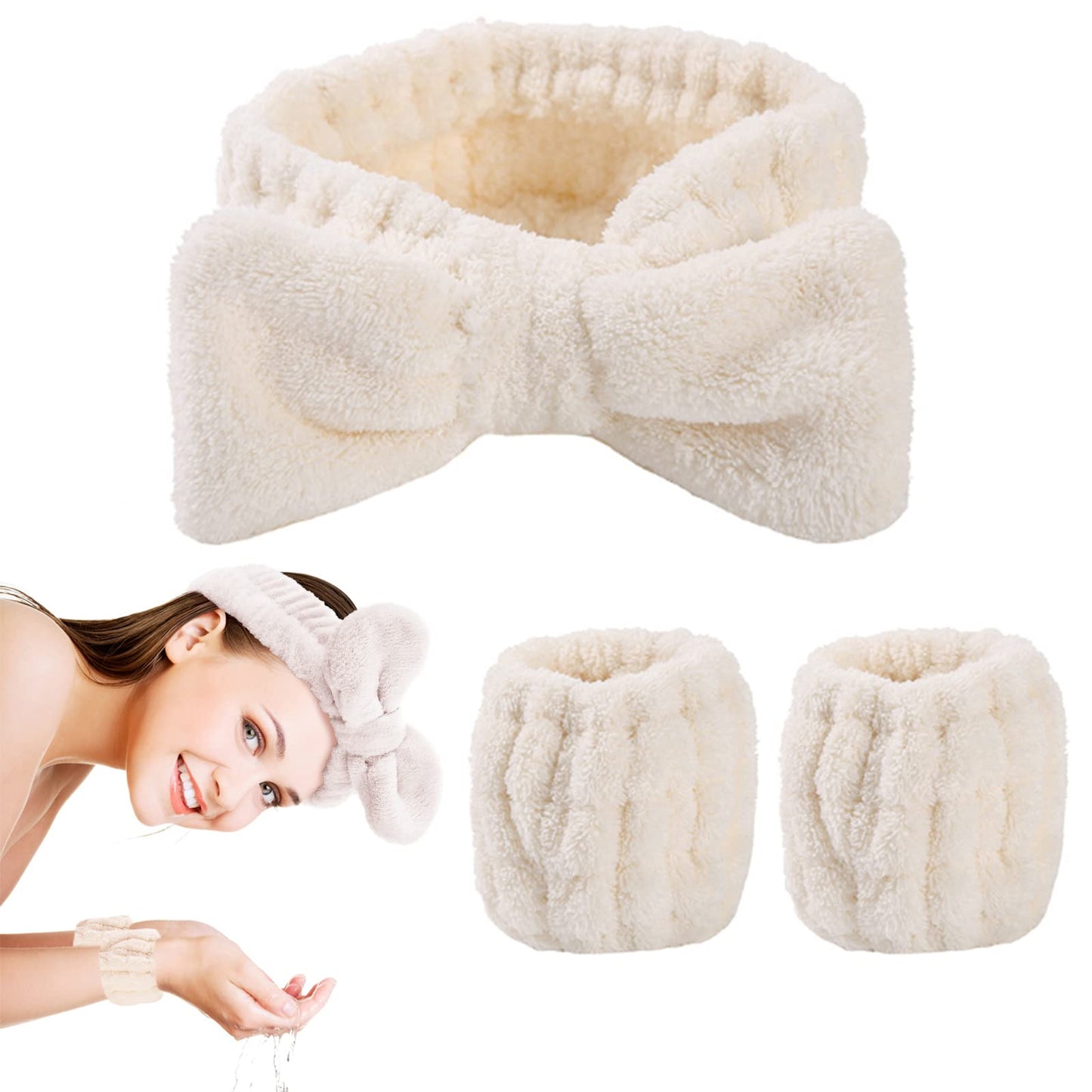 WLLHYF 3 Pieces Spa Headband Face Washing Wristbands Straps Headbands Set for Women Girls Hair Headband Elastic Towel Wristbands Makeup Prevent Liquids from Spilling Down Your Arms (White)