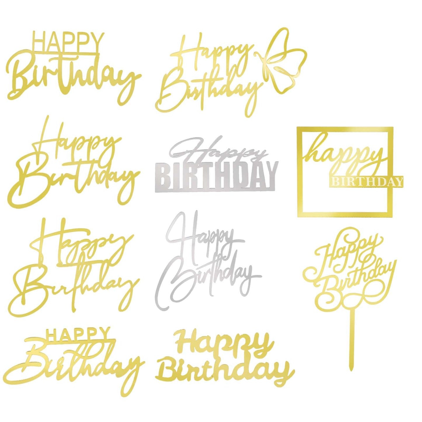 10Pcs Happy Birthday Cake Topper Mirror Side Cake Decorations Acrylic Cake Decor Gold Silver Fabulous Cupcake Inserts for Birthday Congratulation Graduation Party Cake Desserts Supplies