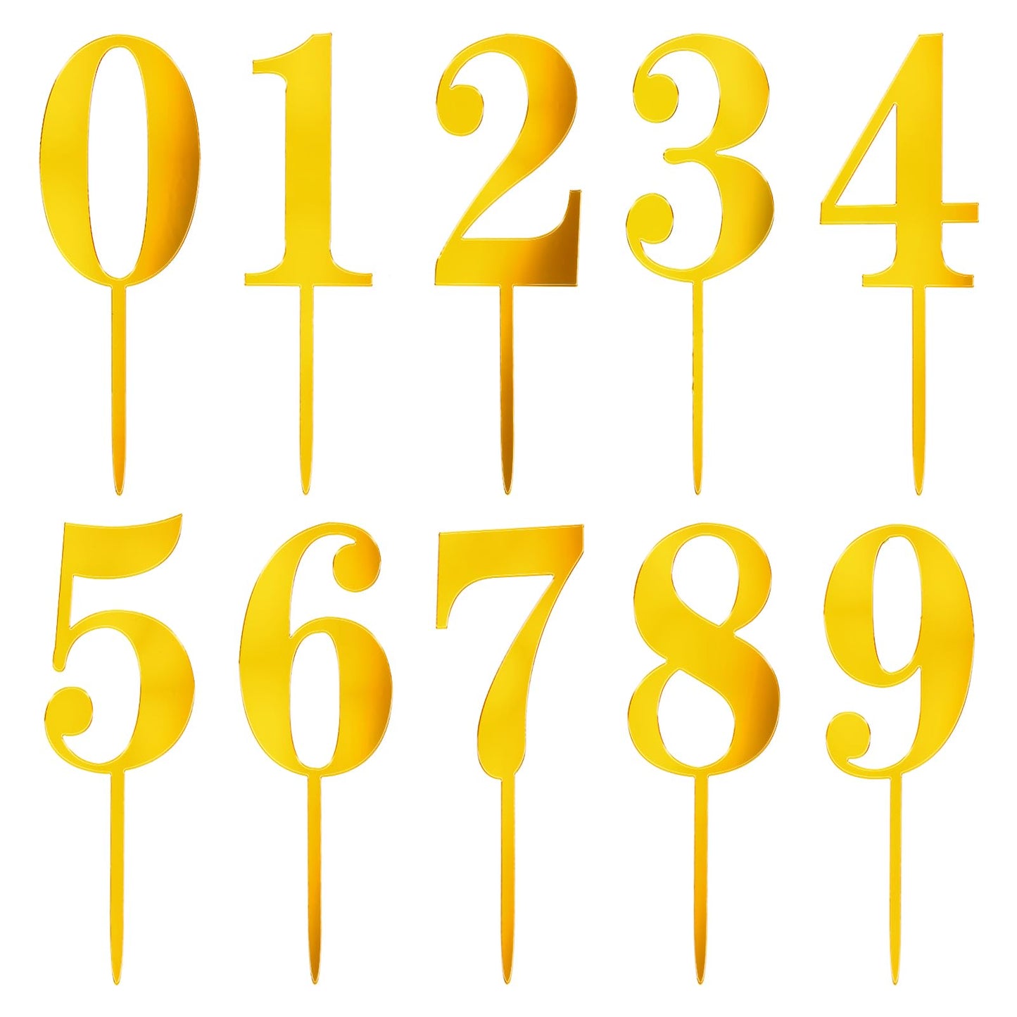 10Pcs 0-9 Number Cake Topper Acrylic Mirror Cupcake Toppers Shiny Golden Topper Sticks Personalized Picks Happy Birthday Cake Decorations for Christmas Wedding Party Anniversary DIY Supplies Set