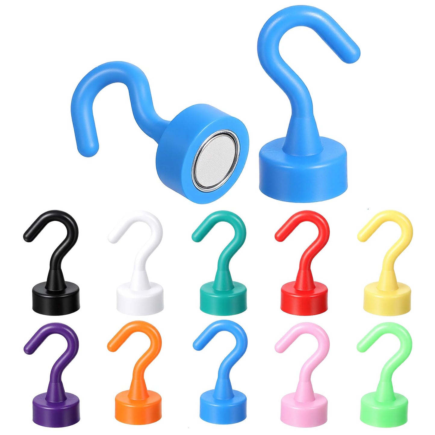 Wanmu Pack of 12 Magnetic Hooks, Extra Strong Magnetic Hooks, Hook Magnets, Punch-Free Magnetic Hooks for Camping, Lockers, Workshop Equipment, Coat Hooks (Multi-Colour)
