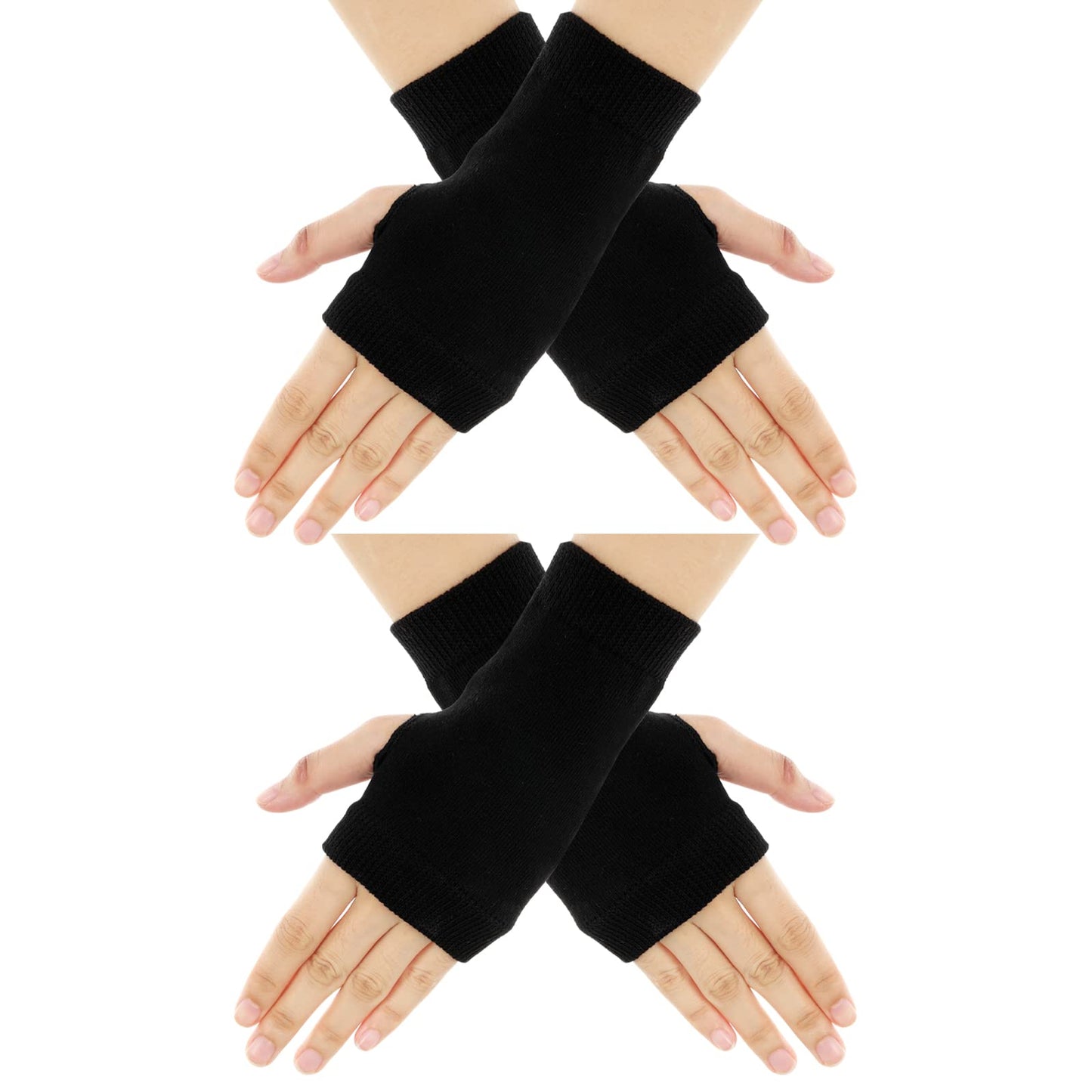 Sibba 2 Pairs Fingerless Gloves Winter Warm Half Finger Gloves with Thumb Hole Women Thermal Cotton Stretchy Knit Mittens Typing Texting Driving Gloves Black Wrist Warmers Unisex Christmas Gifts