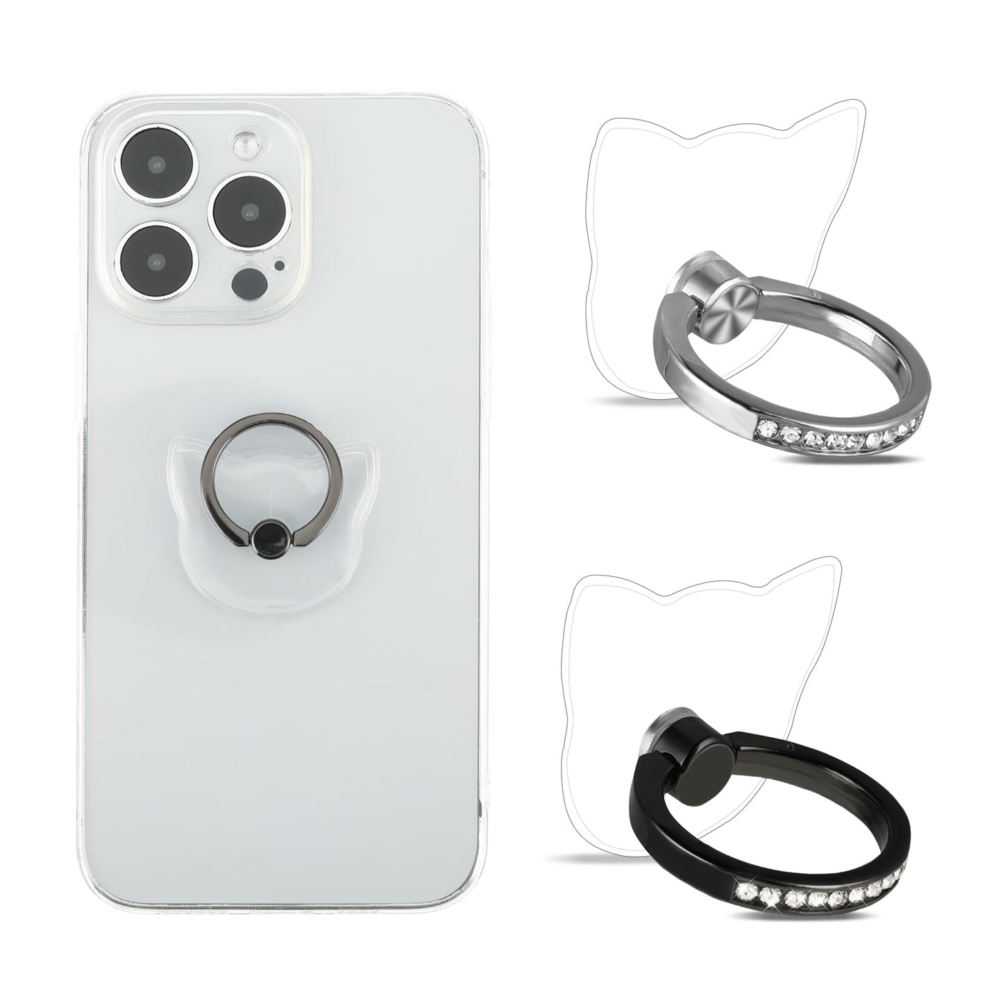 Sibba Cellphone Mobile Phone Grip Accessories 2 PCS Kickstand Cute Mini Telephone Back Base Hands Finger Rings Hooks Slide Up Mounts Holder Steady Support (Black silver,Cat pattern)