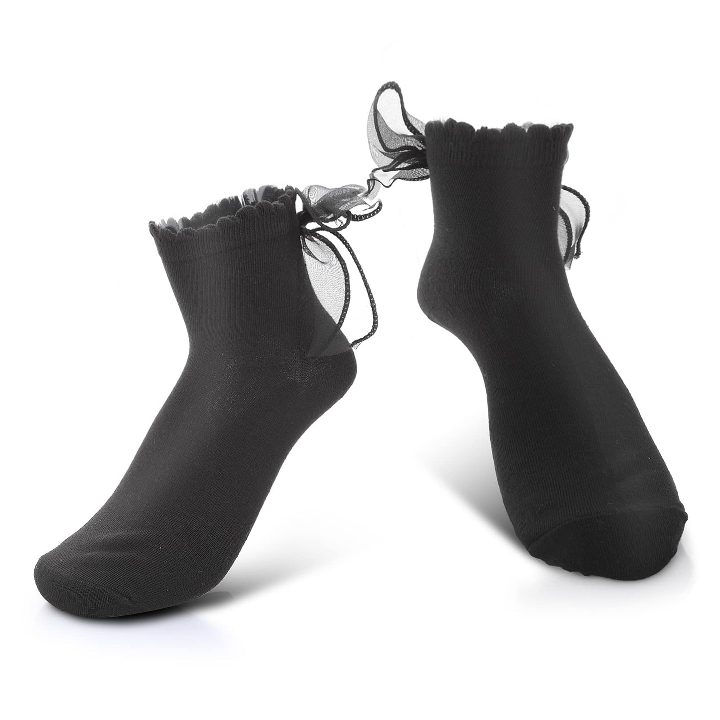 Sibba 1 Pair Ruffle Liners Lace Ankle Socks Mesh Ribbons Bow Frilly Crew Elastic Cotton High Top Sock Princess Fairy Goth Cuffs Lovely Dress for Lady Girls Schoolgirl Aesthetic Winter Outfits (Black)
