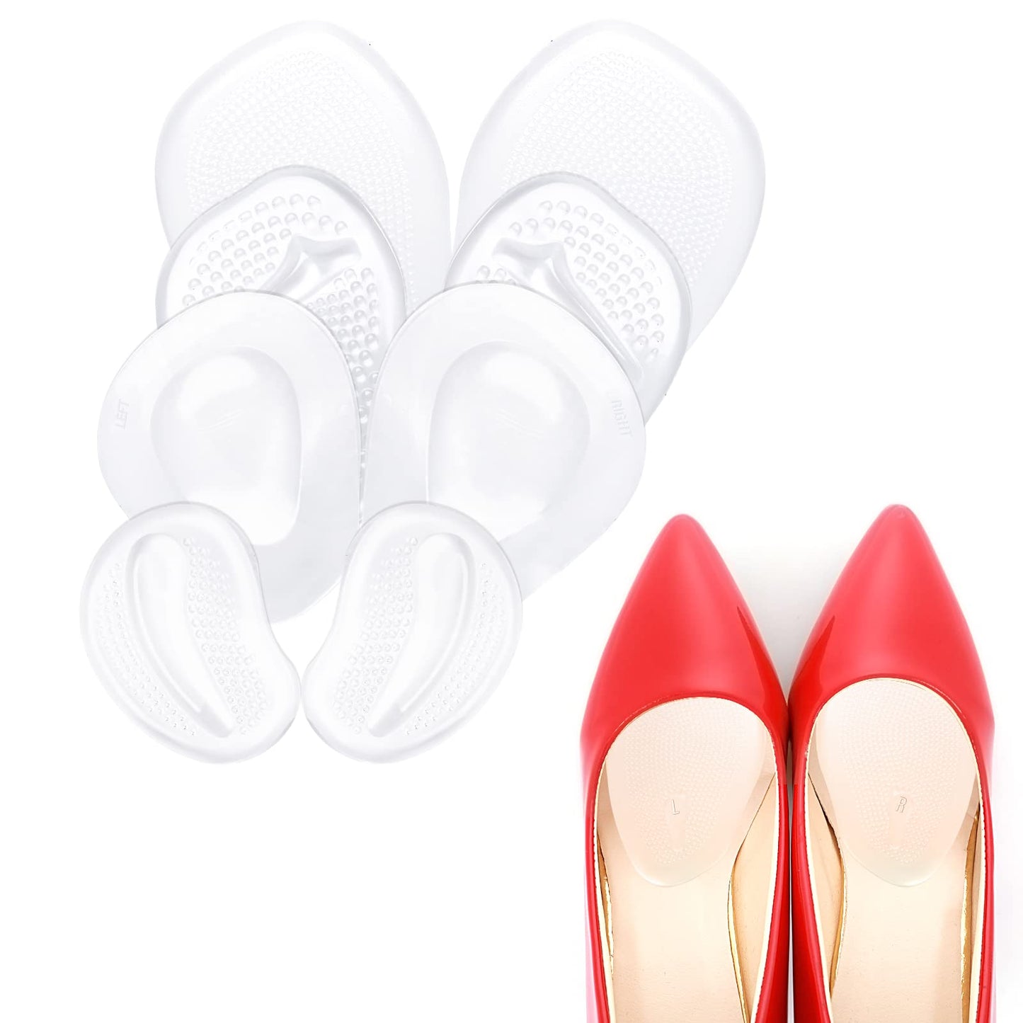 Sibba Metatarsal Foot Pads High Heel Inserts Platform Forefoot Support Sole Protector Ball of Cushions Pain Relief Toes Grips Bottom Bunion Insoles for Shoe (4 Pairs Transparent)