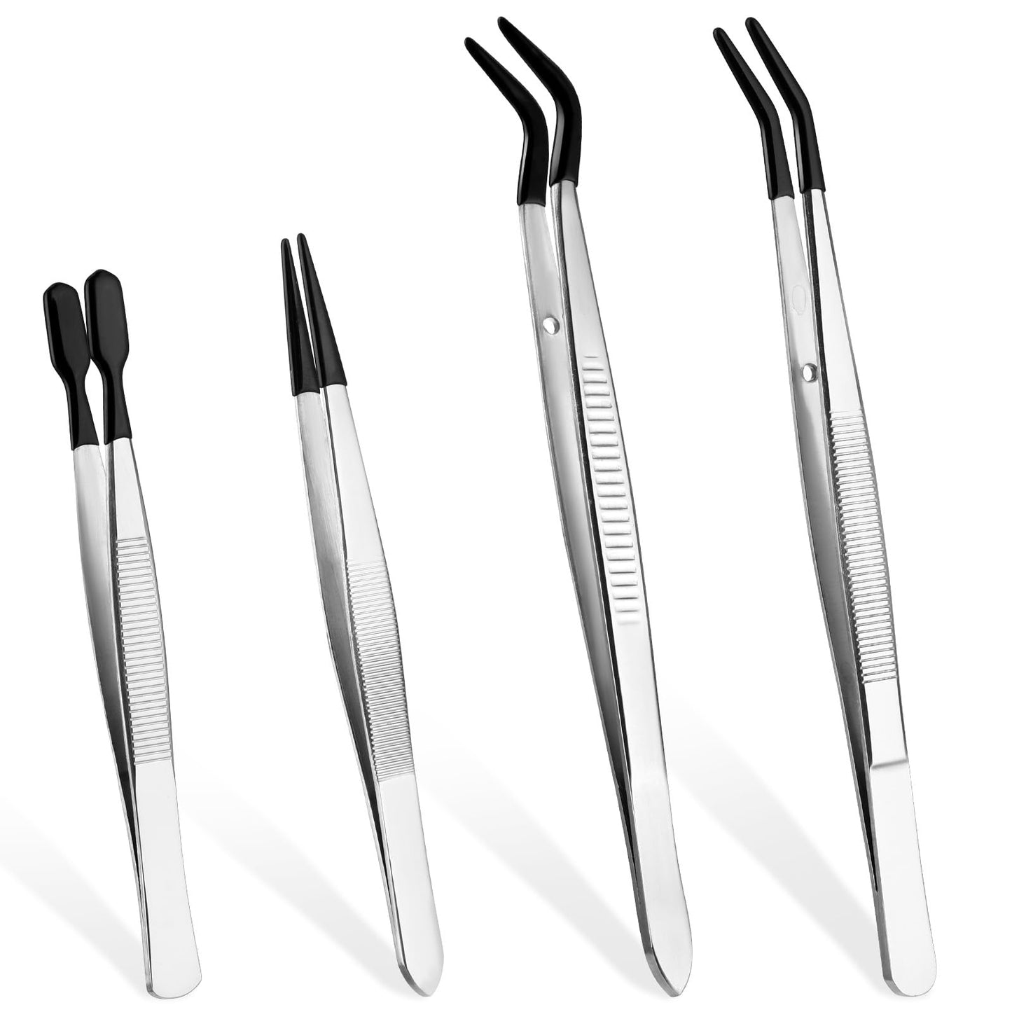 4 Pcs Tweezers with Rubber Tips PVC Silicone Tip Coated Tweezer Set Rubbers Straight& Flat &Long Bent End Pincers for Jewelry Craft Coin Stamp Beads Lab Tongs(Black)