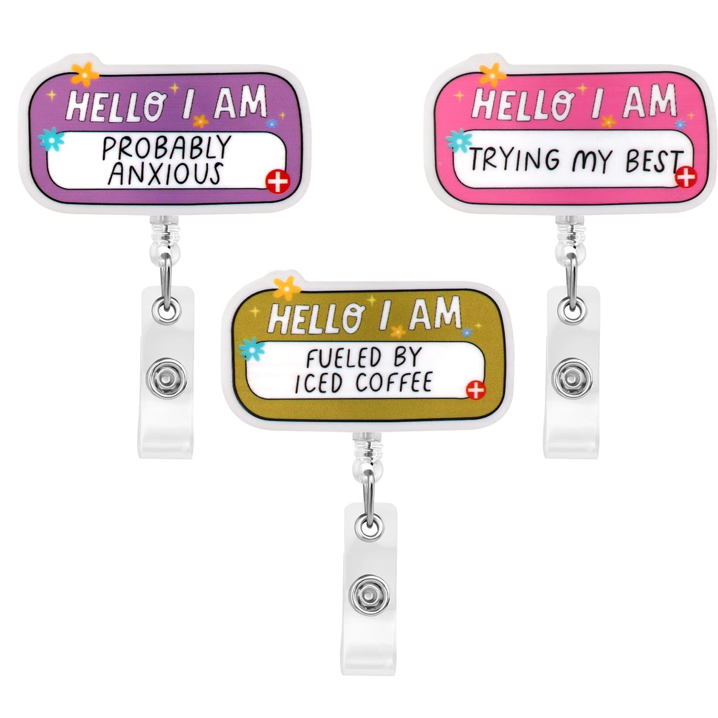 3 Pcs Funny Badge Holder Retractable ID Clips Cute Acrylic Badge Reel Black ID Card Badge Holder Lanyard Supplies Accessories for Doctor Nurse Nursing Student Teacher Office Employee