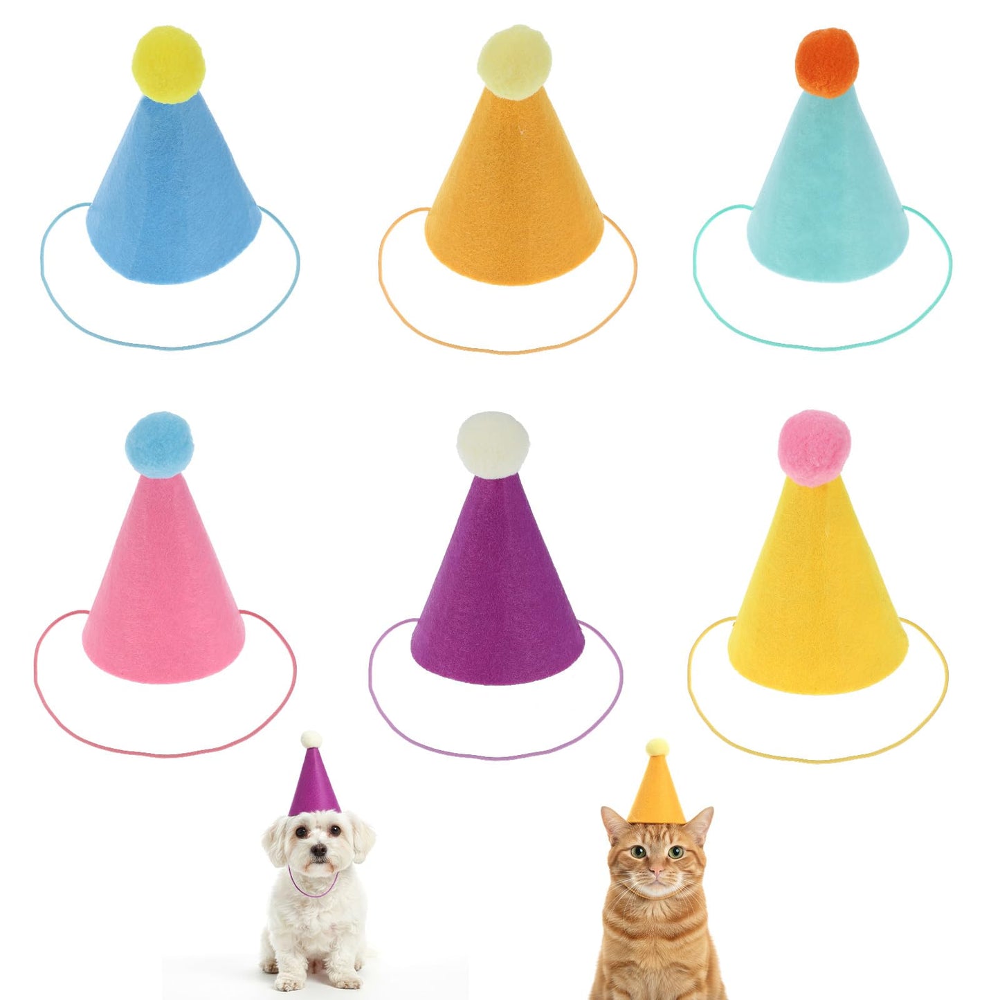 Qianyu 6 Pcs Mini Party Hats Tiny Birthday Party Cone Hats Assorted Animal Birthday Decorations Accessories for Small Medium Stuffed Dolls Dog Cat Rabbit Puppies