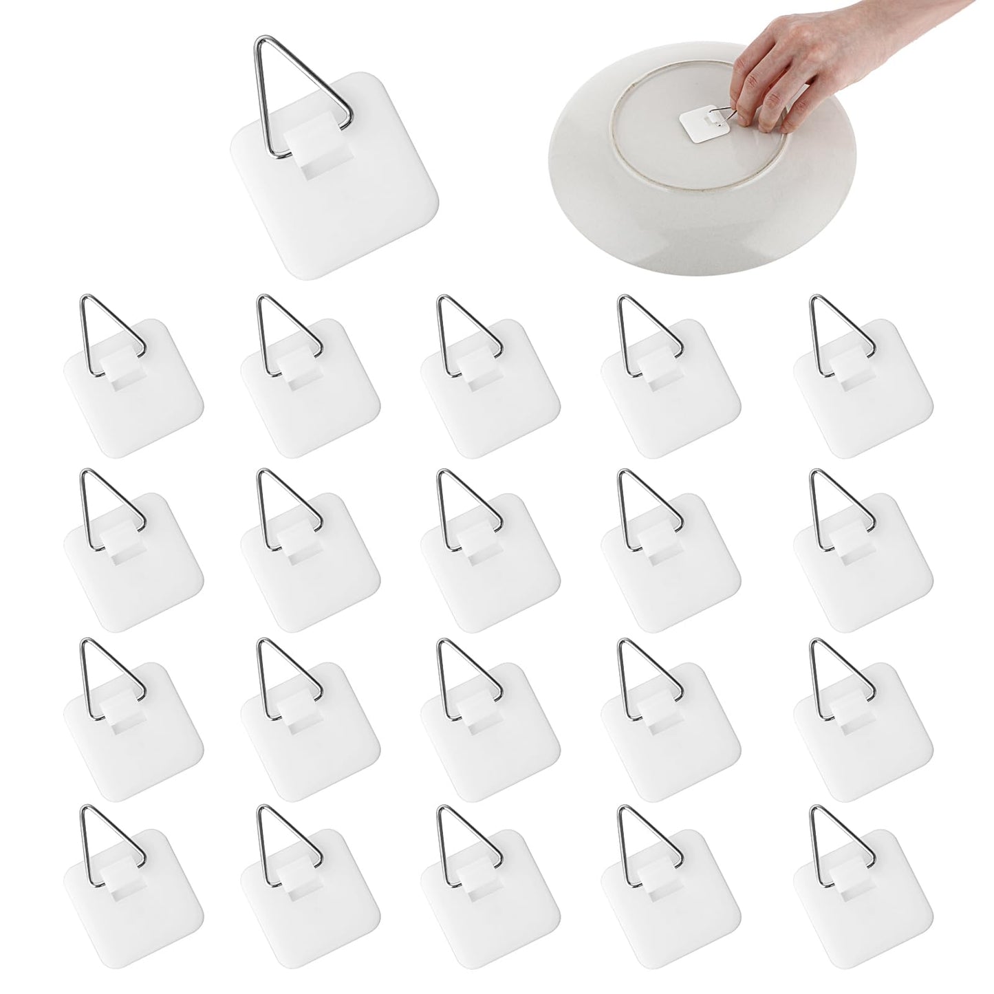 Sibba 20Pcs Adhesive Vertical Plate Holders Invisible Adhesive Plate Hangers Wall Hanger Display Holder Vertical Pictures Grips Strong Sticky Hook Hanging Storage Clips 1.26 Inch Organization Pegging
