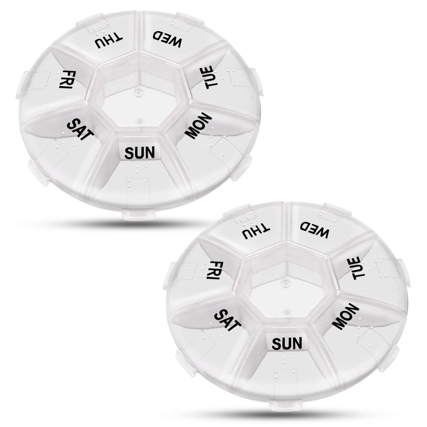 Sibba 2 Pcs Personal Pill Organizer Dispensers Medicine Box Small Holder Daily 7 Day Labels Reminder Time Round Individual Compartments Sorter Weekly Week Container Case Mini Compact Pocket