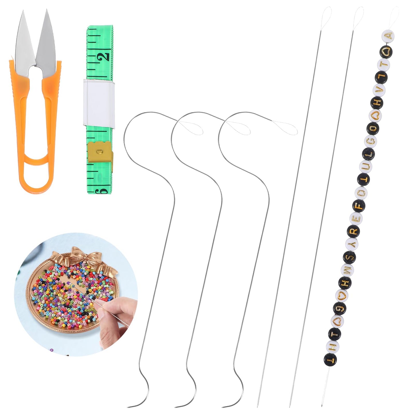 Dimeho 8 Pieces Beading Needles Set Big Eye Beading Needles with Curved and Straight Handle Stainless Steel Beading Needles for Bead Spinner, String Beads Needles for Beading Bracelets, Necklaces