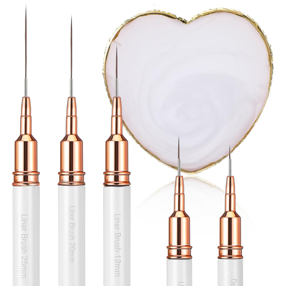 Pack of 5 Nail Art Brushes Nail Art Fineliner Brush Painting Art Design with Mixing Palette Brush Set Nail Dotting Drawing Tool for Long Lines Thin Detail Fine Drawing in Sizes 4/8/12/20/25 mm