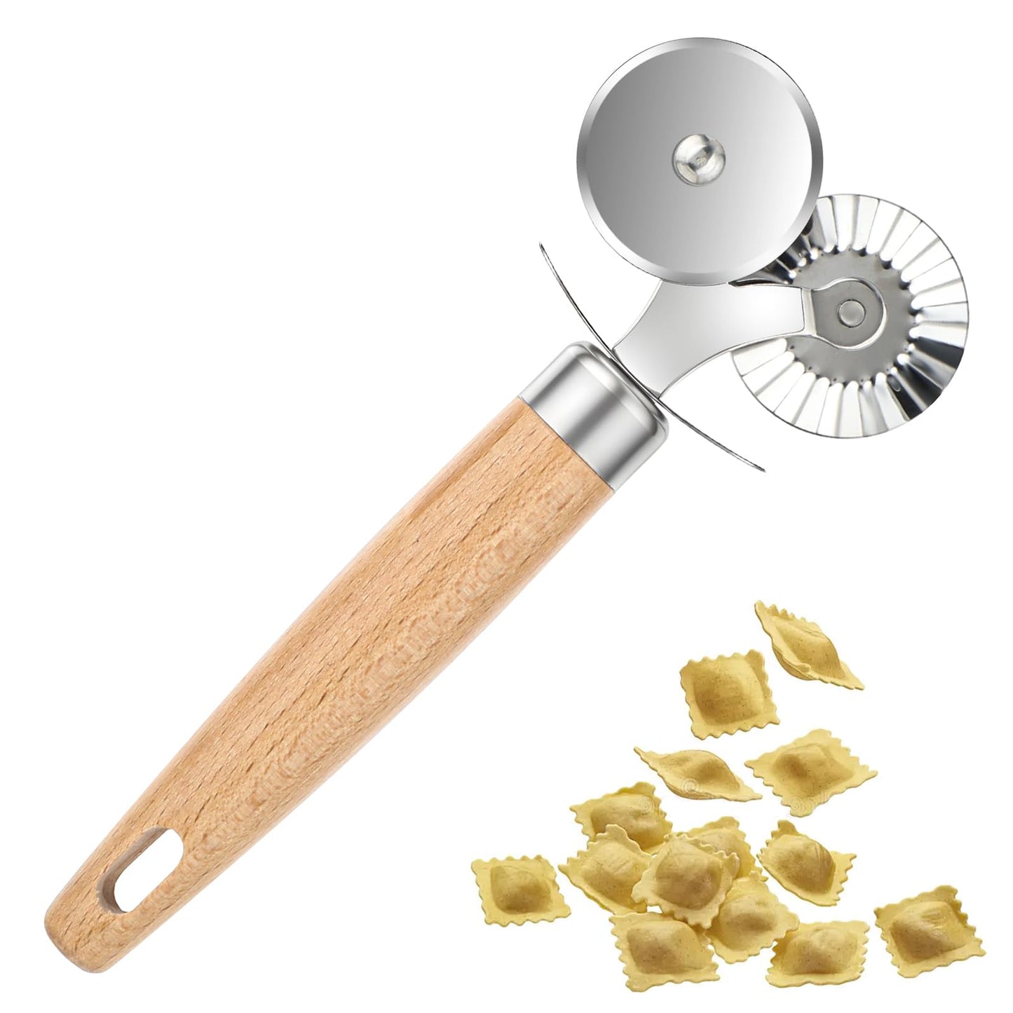 Wanmu Pastry Cutter, Double Blade Wooden Handle Noodle Cutter, Pie Crust Cutter for Cutting Ravioli, Pasta, Christmas Cookies, Pizza