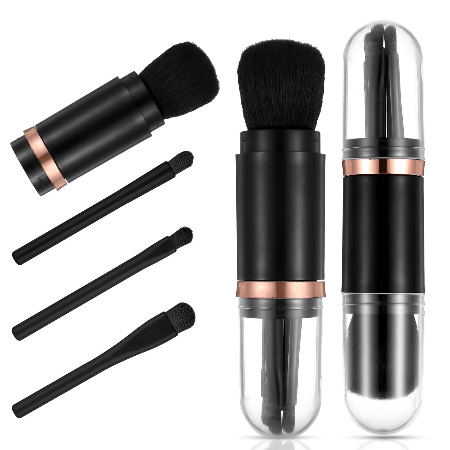 Sibba 4 in 1 Mini Cute Makeup Brush Travel Brushes Set Portable Cosmetics Brush Professional Foundation Holder Tool Retractable Powder Eye Shadow Brush Accessories for Women Facial