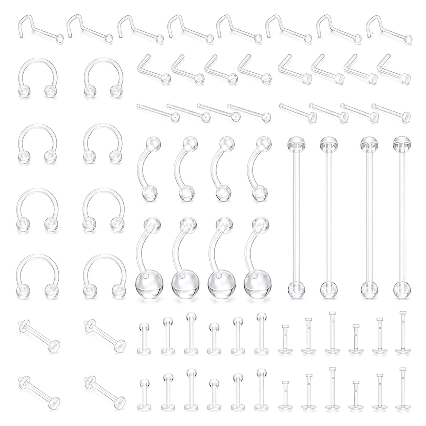 COMNICO 72 Pcs Clear Piercing Retainers for Surgery Bioflex Plastic