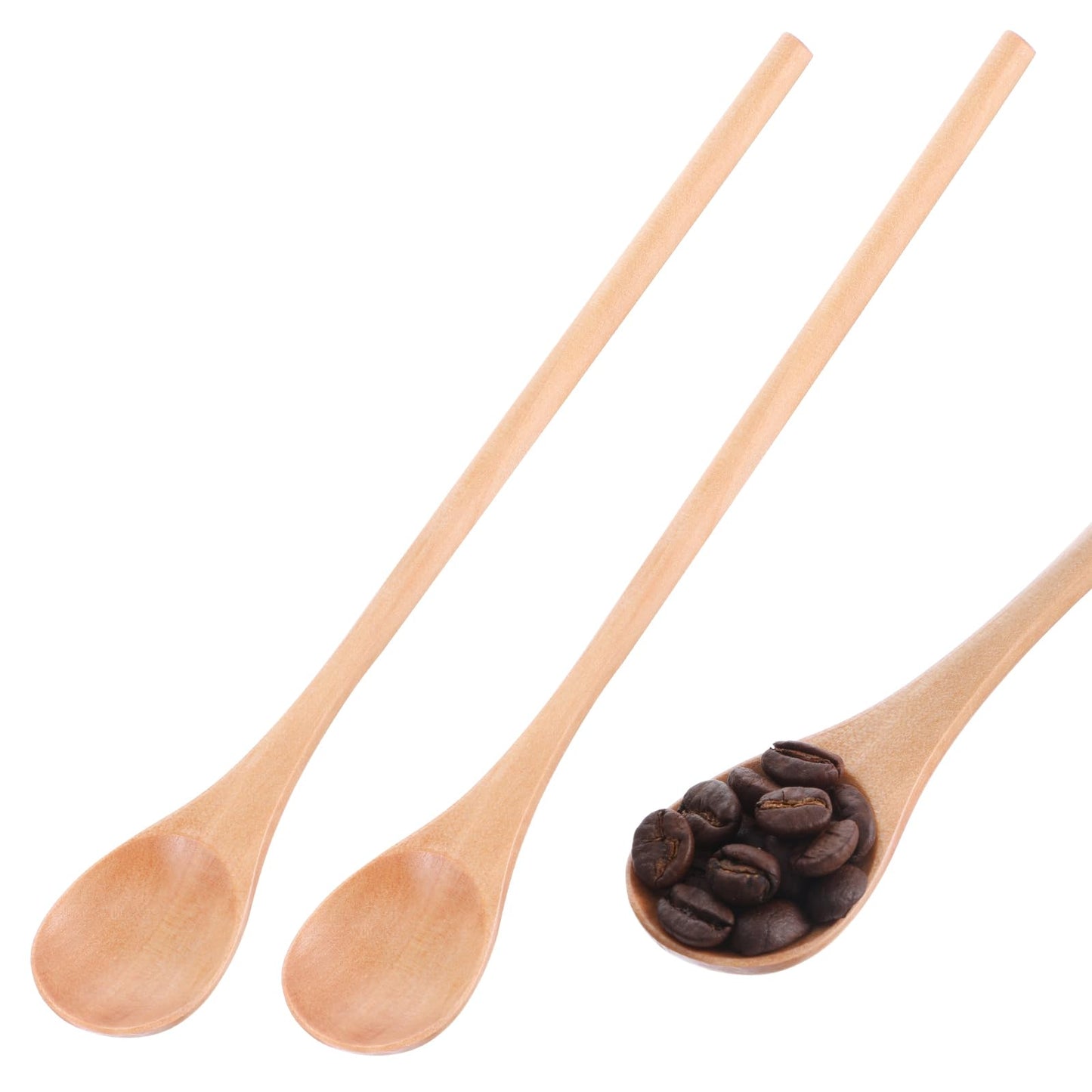 2Pcs Natural Wood Long Handle Spoons, Wooden Tasting Spoons, Birch Spoon Handcraft from Teak, Mixing Honey Spoons for Coffee, Tea, Milkshake Kitchen Stirring