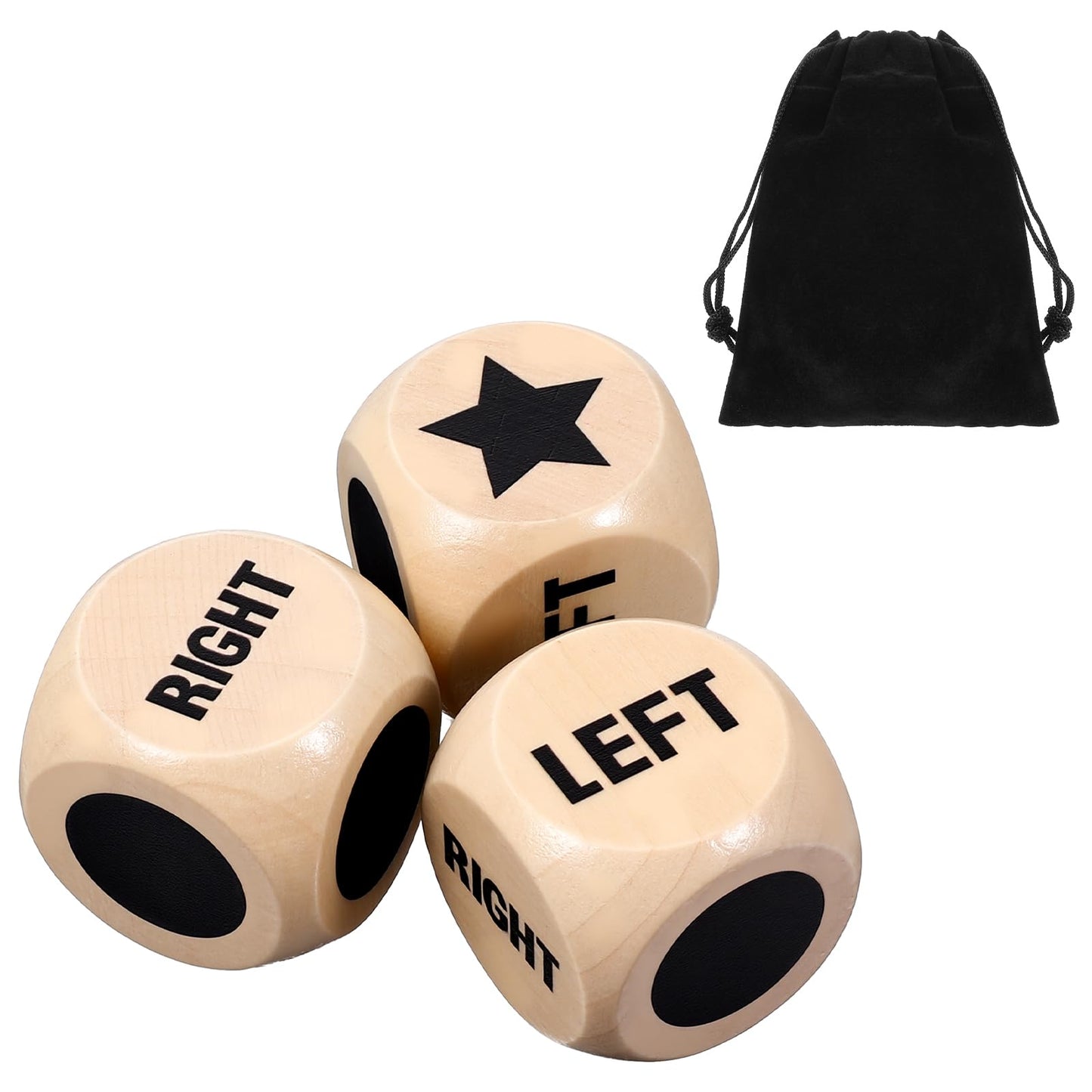 KFHENSOMR 3Pcs Left Right Center Game Dice 1.2 Inch Fun Left Right Roll Dice Game Set Lotus Wood Dices with Drawstring Bag Wooden Dices Accessorie Easy to Store and Carry Around for Travel