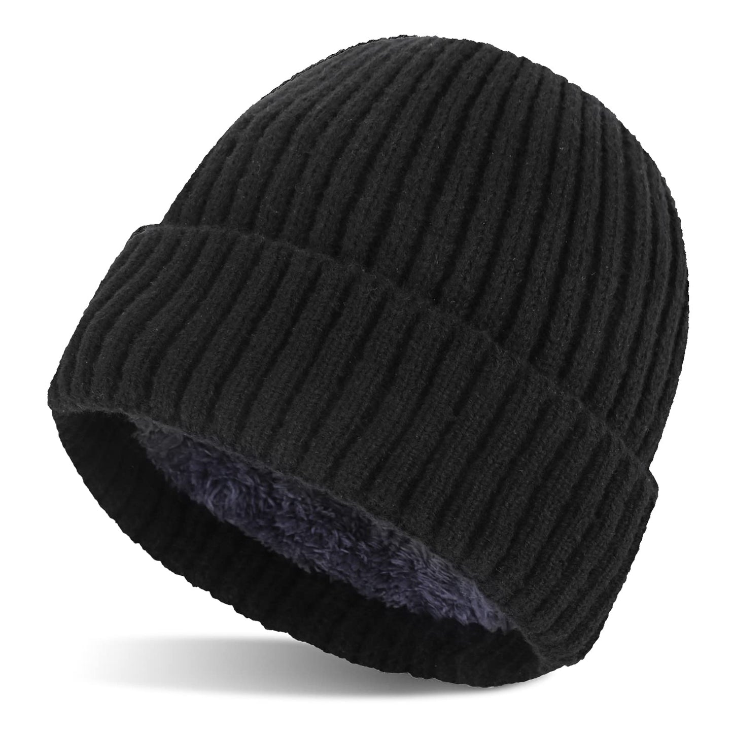 Sibba Unisex Fleece Lined Beanie Hat Soft Lightweight Winter Knit Caps Cuffed Warm Windproof Skull Cap for Men Women Black, Black