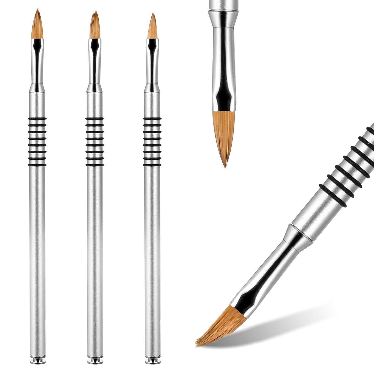 3Pcs Acrylic Nail Brushes Set Nail Art Sculpture Brush with Silver Metal Non-Slip Grip Handle 10/13/15mm Cleaning Manicure Tools for Women Nail Extension Design Painting Acrylic Powder Nail Carving