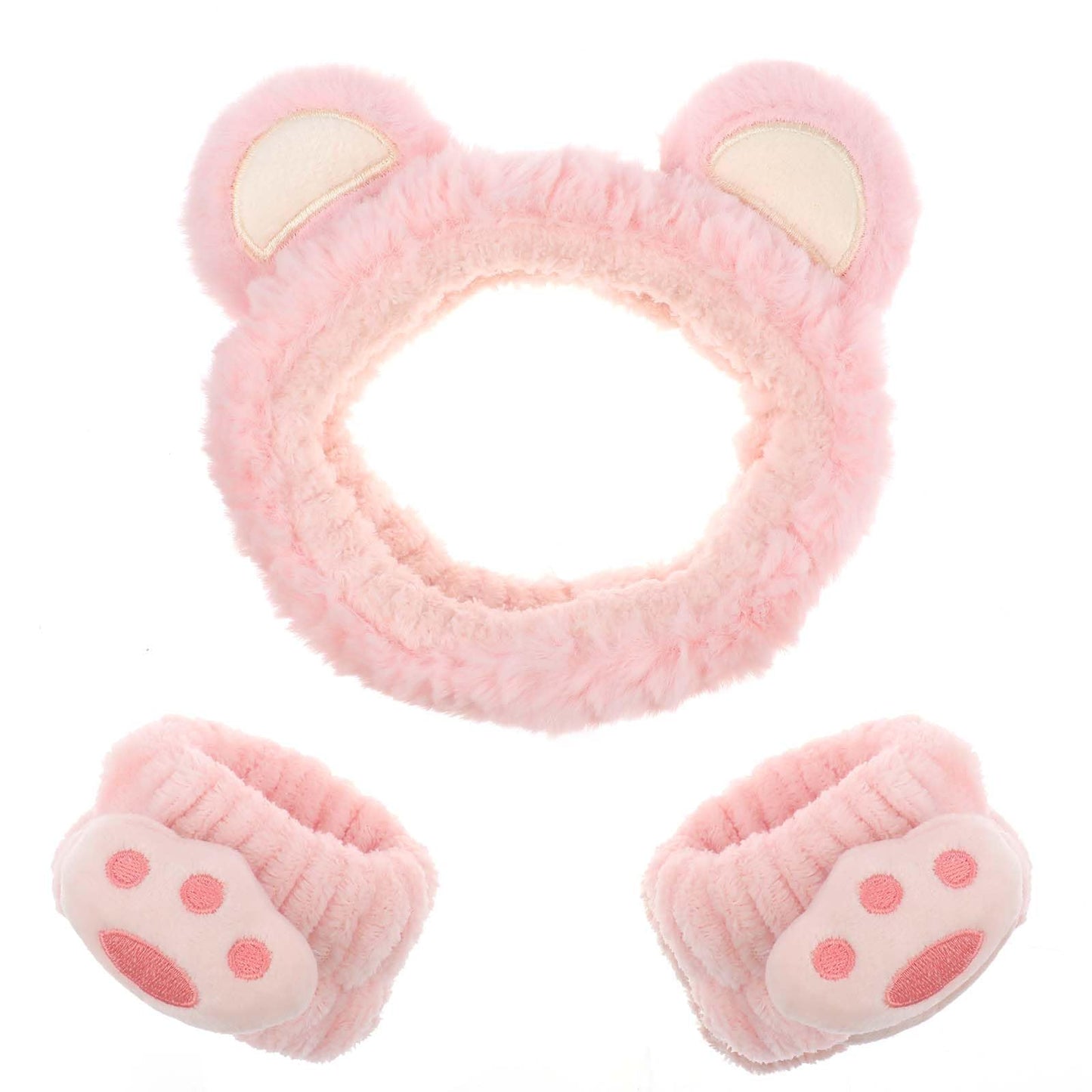 WLLHYF 3 Pieces Face Wash Headband and Wristband Set, Cute Bear Ears Spa Headband Makeup Skincare Hair Band Towels Wrist Bands Facial Head Wraps Wrist Scrunchies for Women Girls (pink, one size)